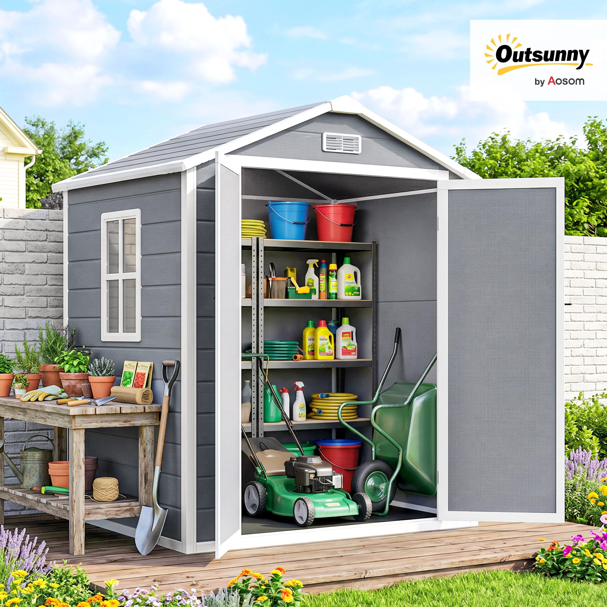 Outsunny Casetta da Giardino Porta Attrezzi in Finitura Effetto Legno Graffiato con Pavimento, 2.12m² Capanno da Giardino con Doppia Porte e Serratura, Tetto Inclinato, 183x134x210 cm, Grigio