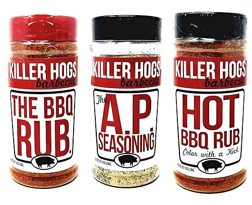 Killer Hogs Paquete variado de condimentos para barbacoa – Original BBQ Rub, Hot BBQ Rubs y A.P. Seasoning – Paquete de 3 botellas – 16 oz por