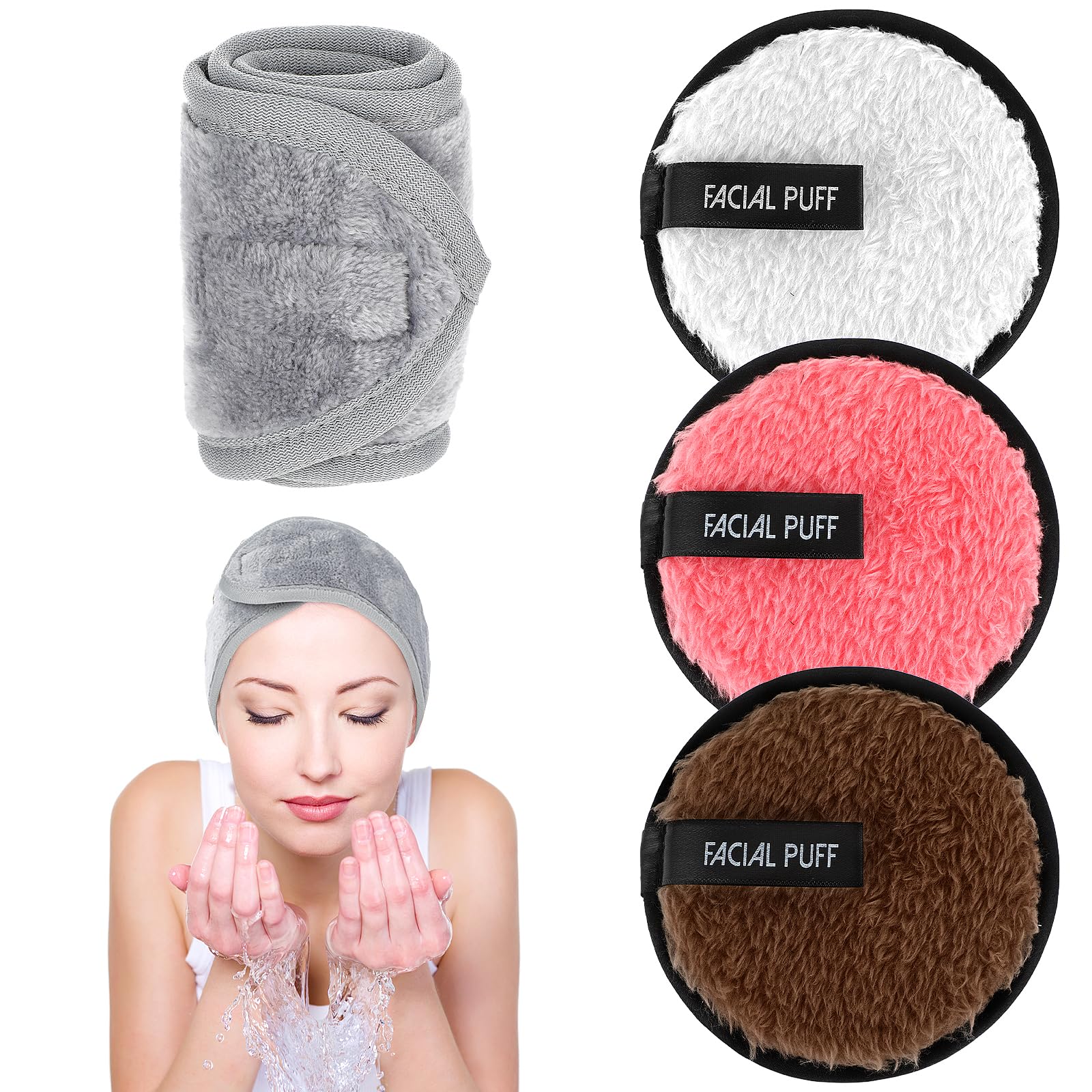 4Pcs Soft Makeup Remover Pads with Spa Facial Towel Headbands,Washable Face Cleansing Pads Microfibre Cotton Make Up Pads/Wipes Face Cleansing Cloths for All Skin Type