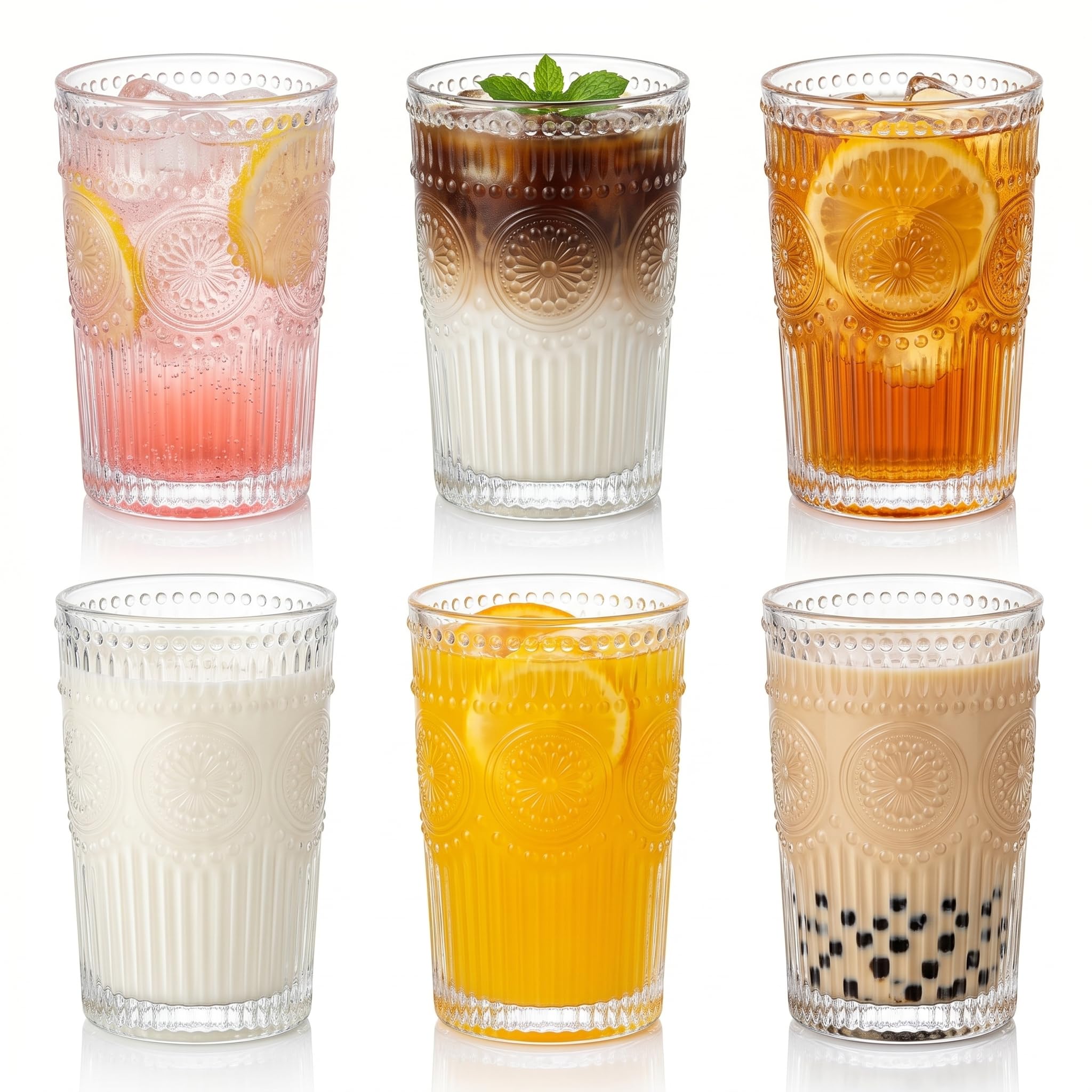 Pippuru Set of 6 Embossed Highball Drinking Glasses, Tumblers for Cocktails, 350ml Romantic Water Glasses, Juice Cups for Cocktails & Beverages for Home and Bar, Hot and Cold Drinks