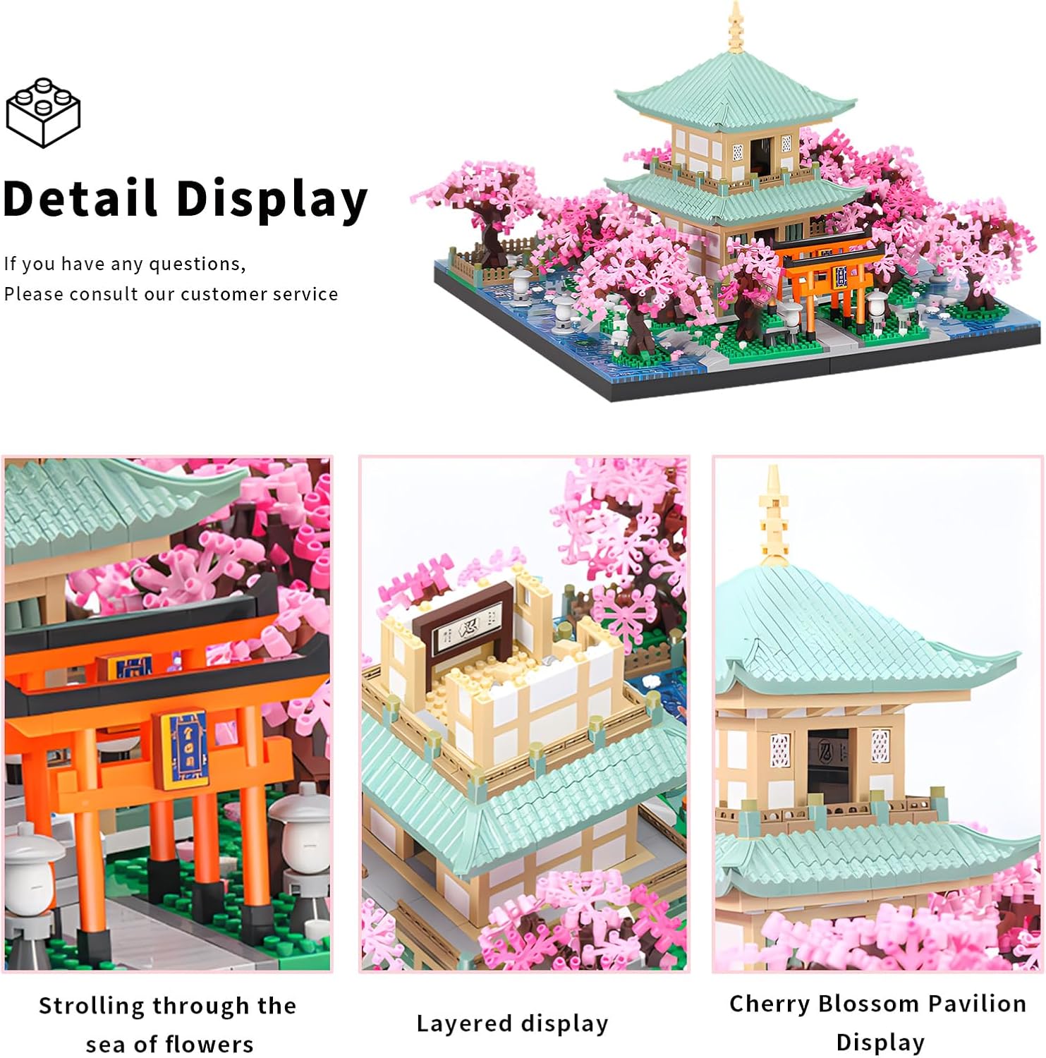 Detailed view of the HJPLPXH Cherry Blossom Tree House Micro Building Block Set, highlighting the Torii gate, layered building structure, and cherry blossom pavilion.