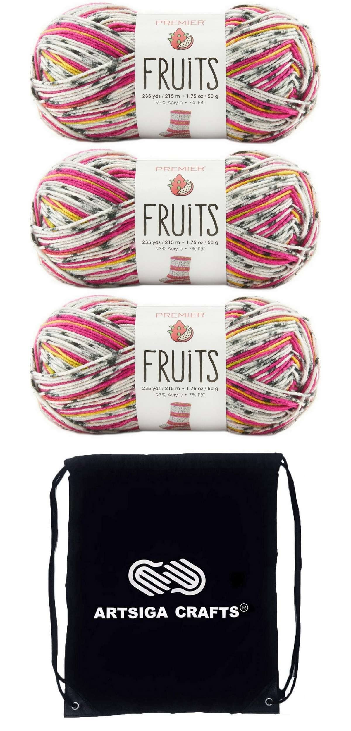 Premier Yarns Fruits Dragon Fruit 2052-02 peso #1 hilo acrílico con bolsa Artsiga Crafts
