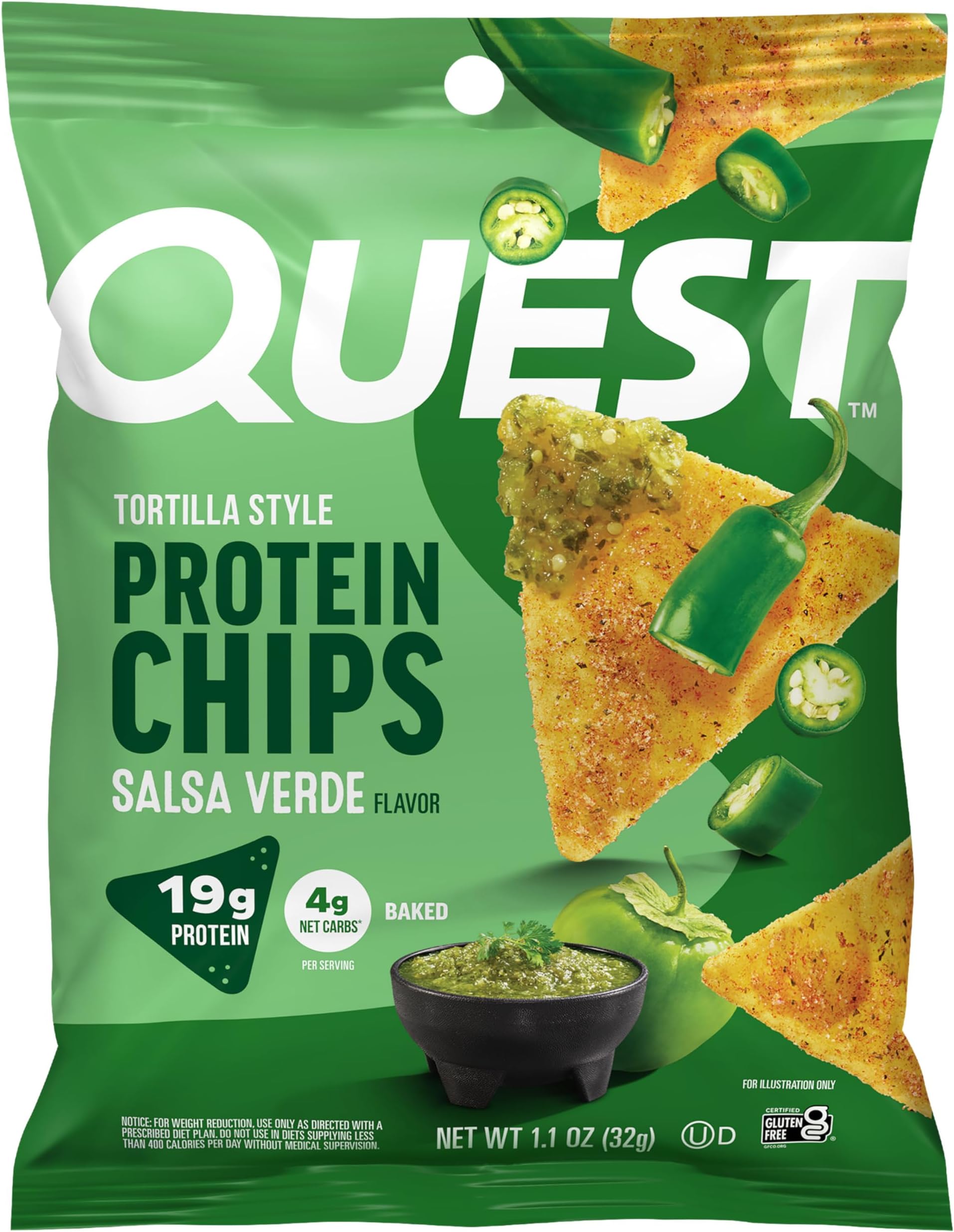 Nutrition Tortilla Style Protein Chips, Salsa Verde, 19g Protein, 4g Net Carbs, Gluten Free, 31.2g (Pack of 12)