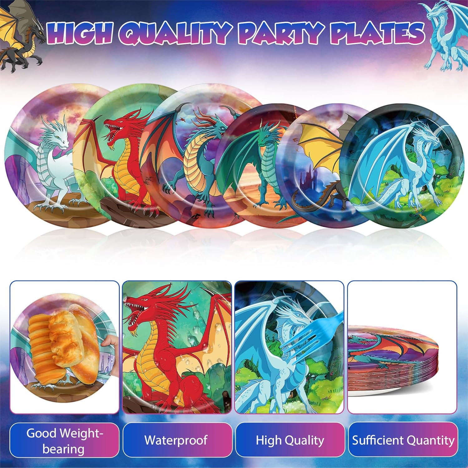 96PCS Dragon Birthday Party Supplies Fantasy Dragon Paper Plates and Napkins Watercolor Dragons Knight Tableware Party Decors for Kids Boys Baby Shower Dinosaur Dinnerware Favors for 24 Guest - Image 3