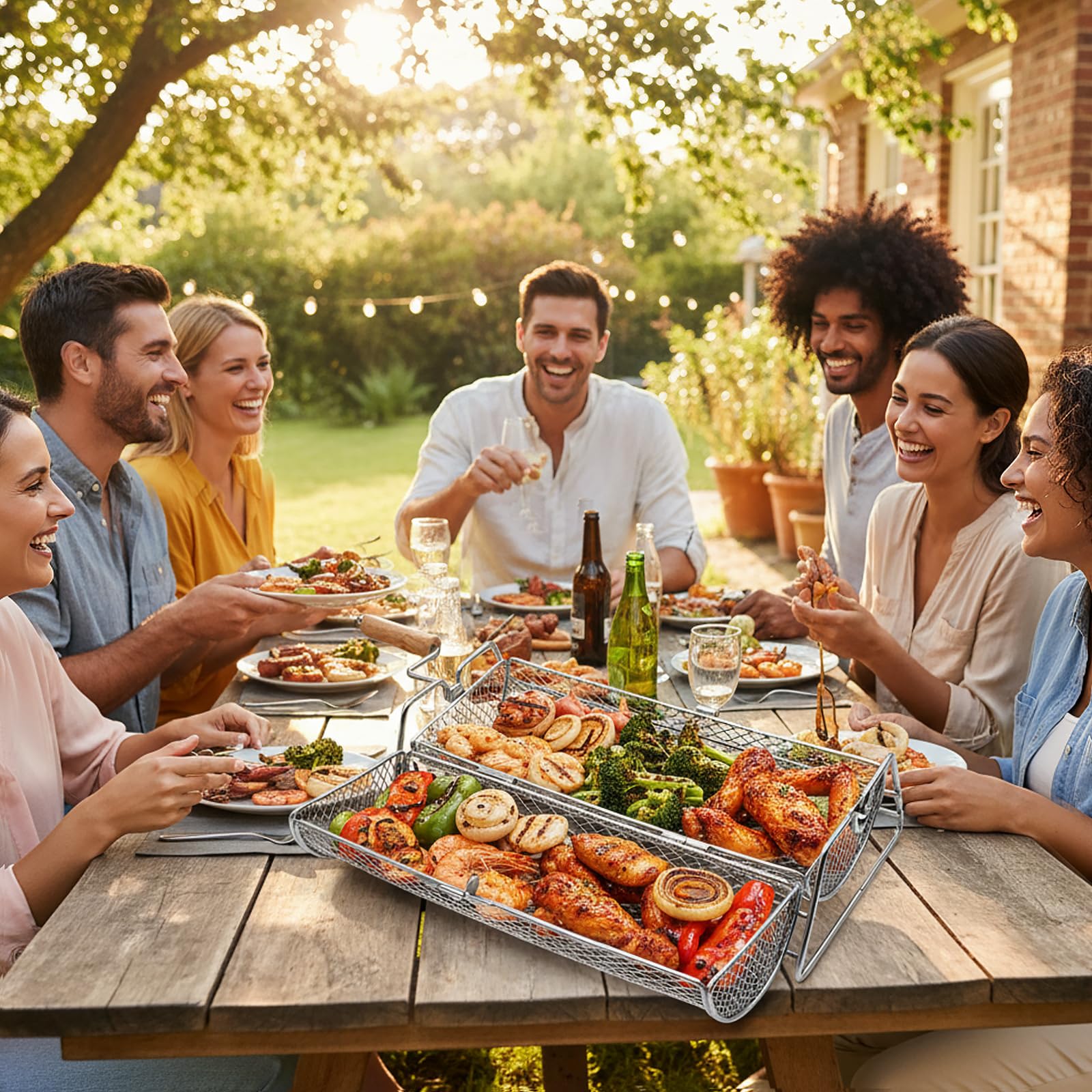 Cestino per Barbecue Girevole, Acciaio Inossidabile 304, Manico in Legno Rimovibile, Cestello per Griglia Impilabile, Accessori BBQ per Verdure,Frutti Mare,Campeggio, Regalo per Papà, Uomini