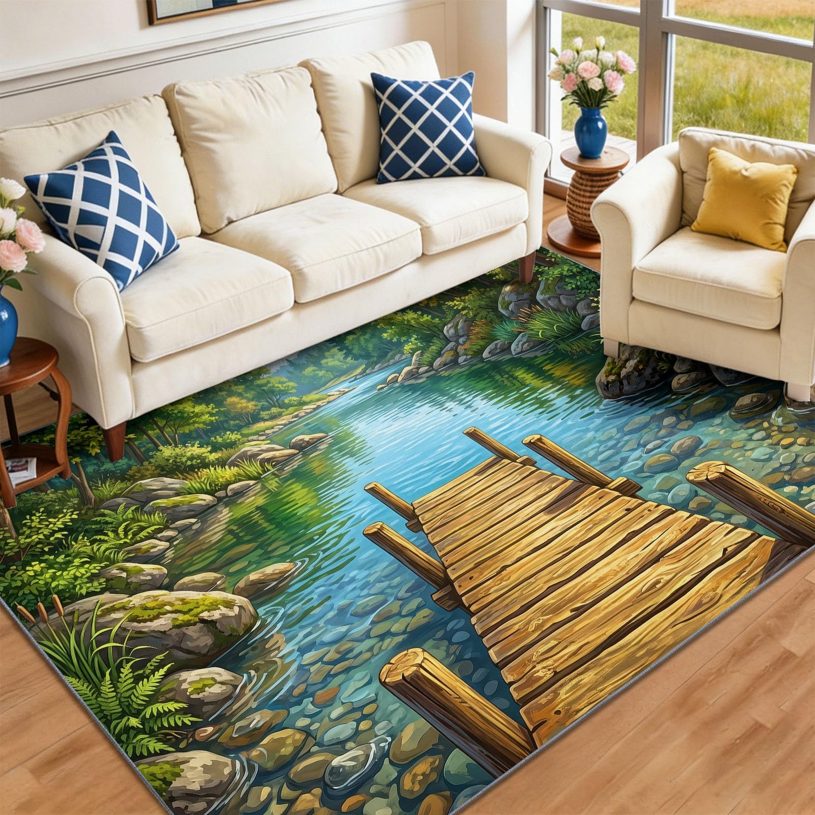 Paysage Naturel Tapis Salon - Lavable Tapis Imprimé, Passerelle Bois Rivière Végétation - Doux Moquette pour Chambre, Tapis Descente De Lit Antidérapant, Salle à Manger - Vert 140 x 200 cm
