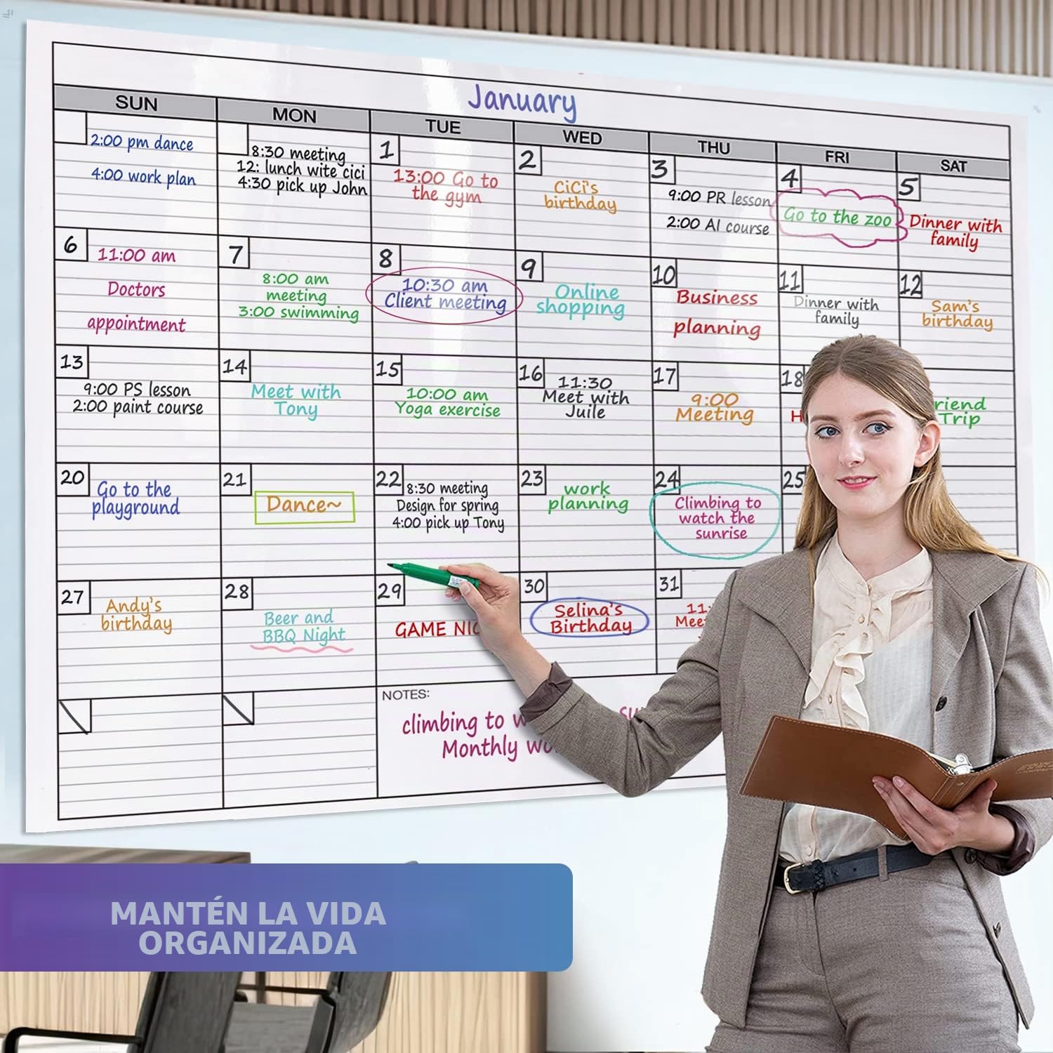 Jumbo laminado mensual de borrado en seco Calendario de pared, 91,44 cm por x48-inch | Pizarra blanca laminada extra grande borrable de un mes, póster gigante de 30 días para oficina y familia