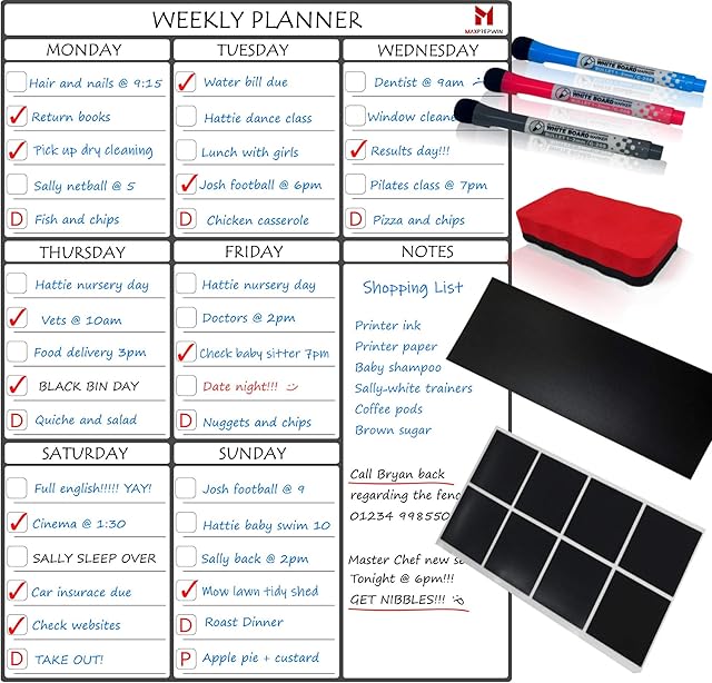 Magnetic Weekly Planner Whiteboard - Fridge, Wall or Cupboard Mounting System, Ideal for Activities, Reminders, Meals - Includes 8 Reusable Sticky Pads, Accessories Board, 3 Dry Wipe Markers & Eraser