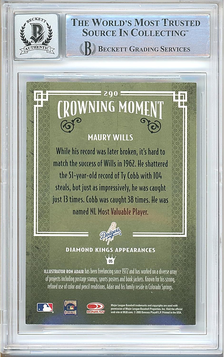 Maury Wills Autographed 2005 Donruss Diamond Kings #290 Baseball Trading Card Beckett BGS Auto 10 Graded BAS Authentic Slabbed COA Played For Los Angeles Dodgers MLB
