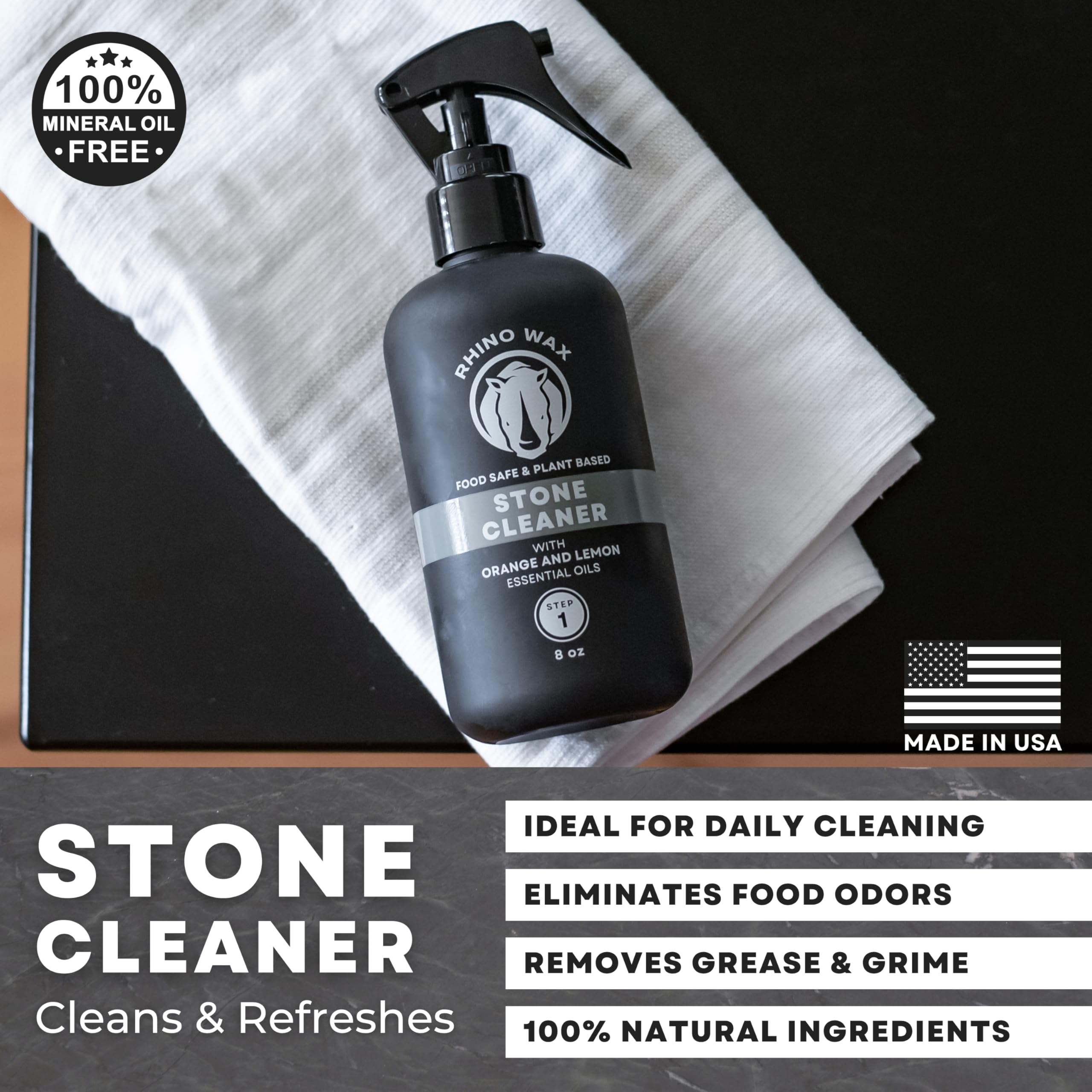 Rhino Wax Soapstone Spray Cleaner - Safely Clean Soap Stone, Slate, Granite, Quartz, Marble, Concrete - Food Safe - Natural Ingredients - Fresh Orange & Lemon Scent Eliminates Odors - Made in USA