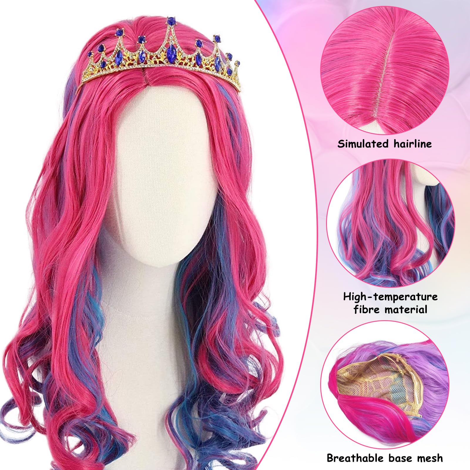 Rosa Lila Lang Lockige Perücke, Perücke für Kinder Mädchen, Rosa-Blau Cospaly Kostüm Perücken, Lila Ombre Prinzessin Perücken, für Cosplay, Karneval, Halloween Kostüm Party (70 cm)