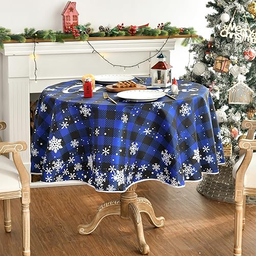 Miniatura 2 de Horaldaily Mantel navideño redondo de 70 x 70 pulgadas, diseño a cuadros color azul nieve, lavable, para decoración de fiestas, pícnic, cenas