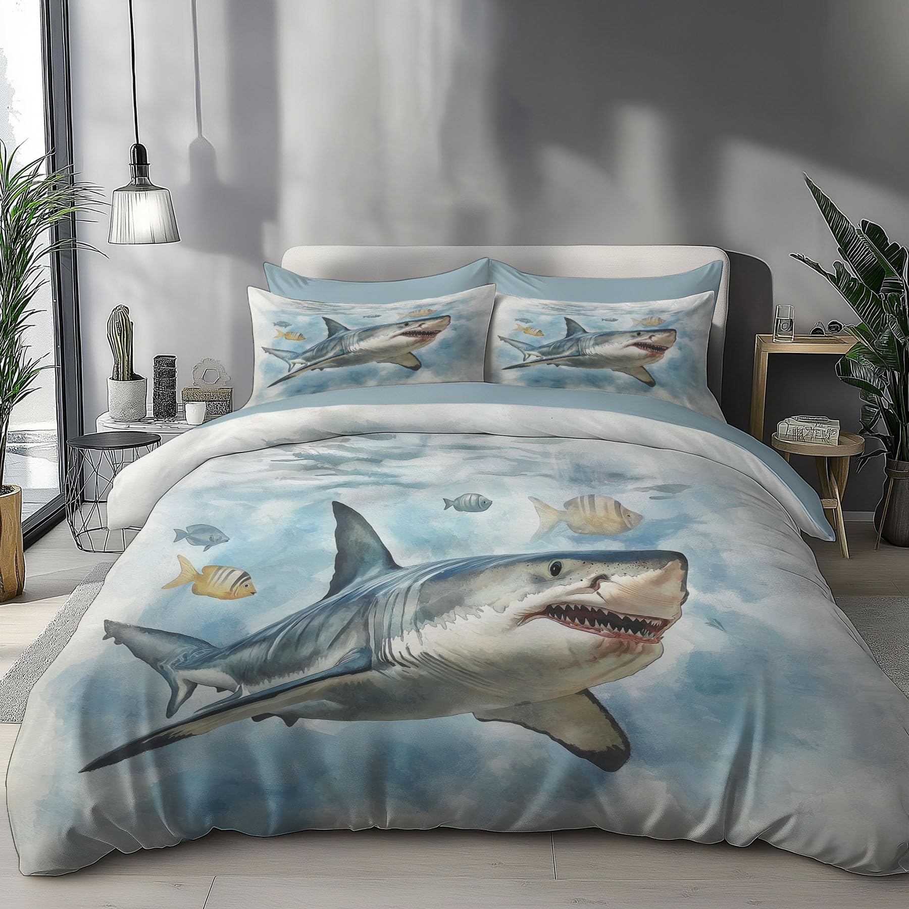 Parure de lit requin blanc 200x200 avec ses deux taies d'oreiller aquarelle