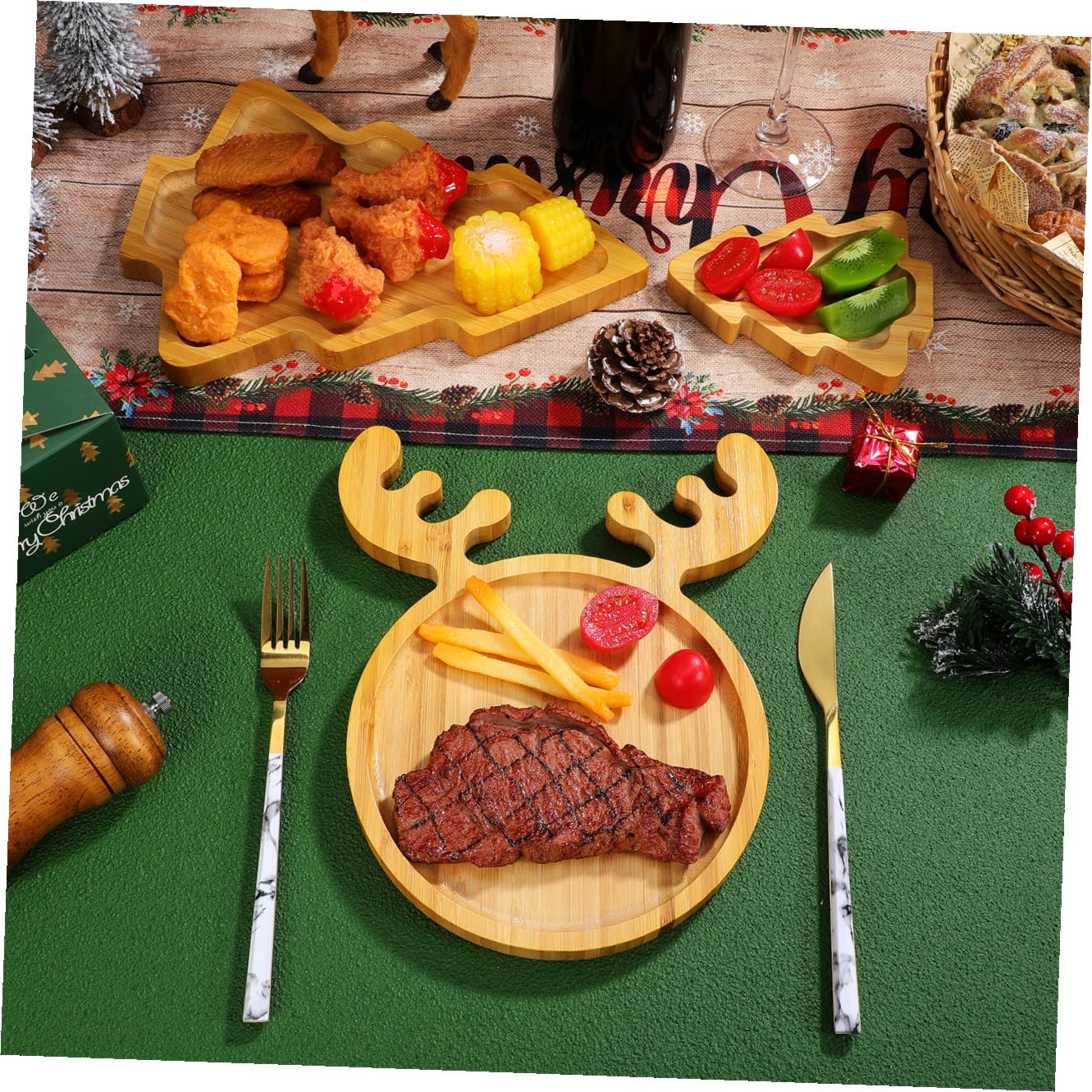 3piezas Bandejas Diseño De Árbol De Navidad y Reno Bandeja Creativa para Aperitivos Frutas y Dulces Fiestas Navideñas Fácil Limpieza y Uso Versátil
