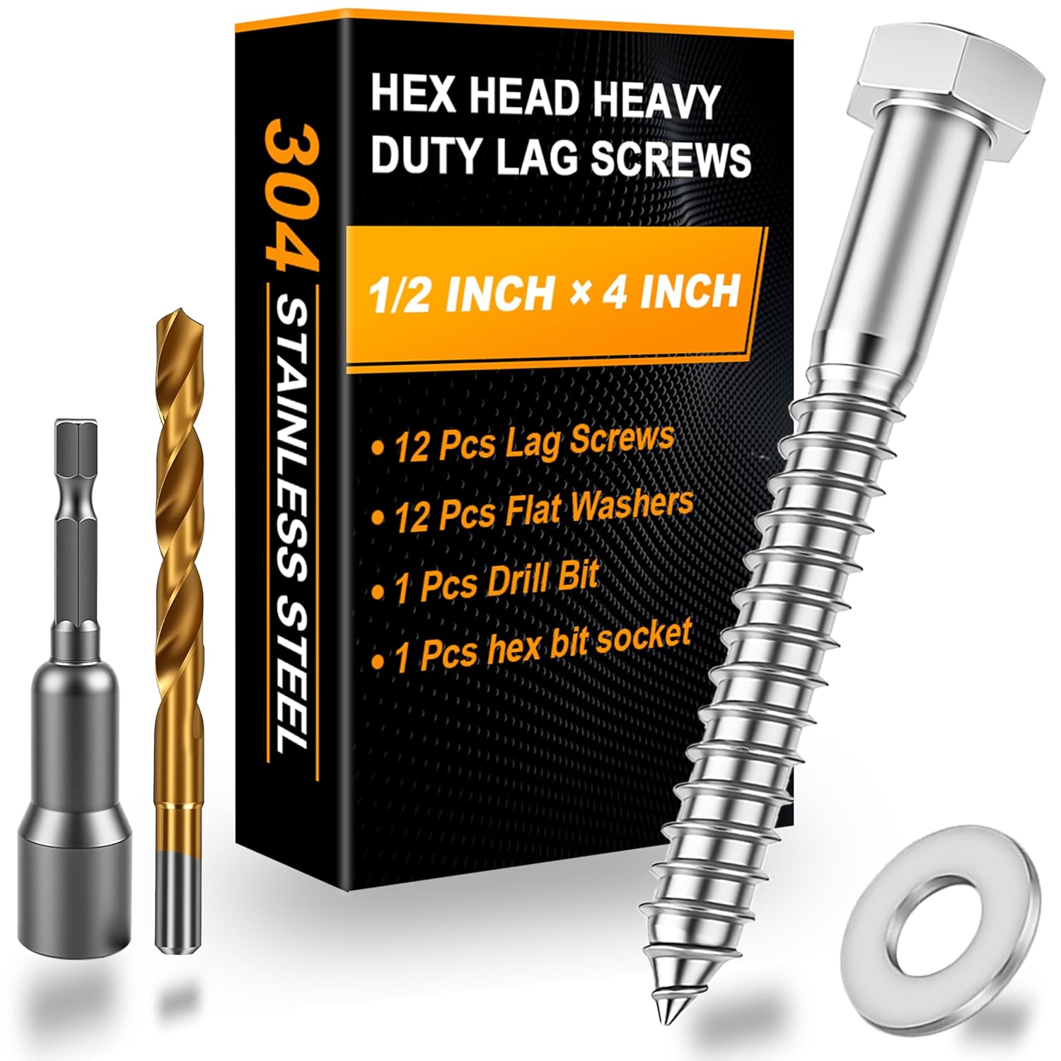 12 Pcs 1/2" x 4" Hex Head Lag Screws for Wood, Hex Head Lag Bolts,304 Stainless Steel 18-8 Heavy Duty Wood Screw with Flat Washers (12, 1/2" x 4")