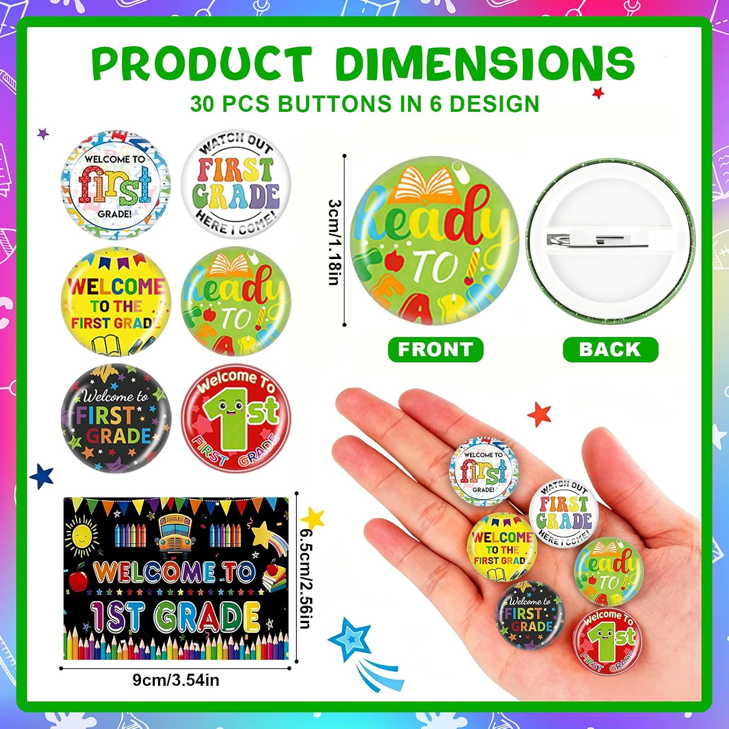 144 Pcs Welcome to 1st Grade Gifts Bulk 36 Set Back to School Gift Bulk | Inculde Rubber Bracelets with Bags First Grade Pin and Card First Day of School Classroom Return Gift Party Favors