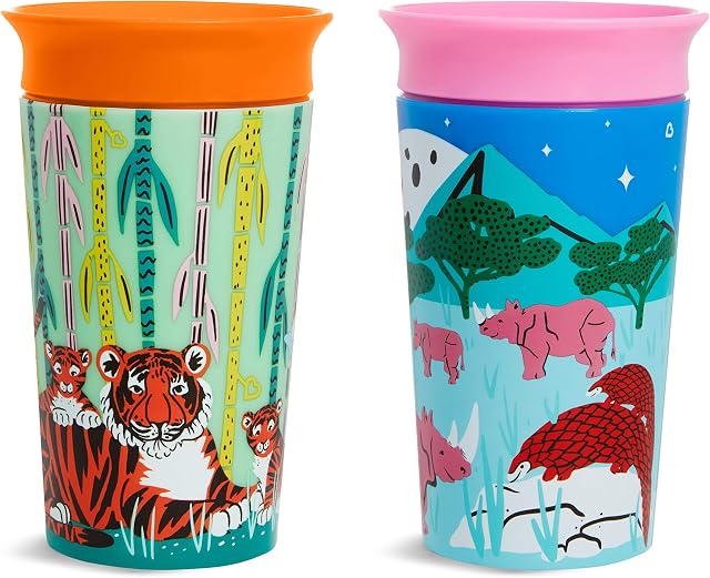 Munchkin Miracle 360° Wildlove Sippy Cup, 9Oz/266Ml, Rhino And Tiger, 2 Pack