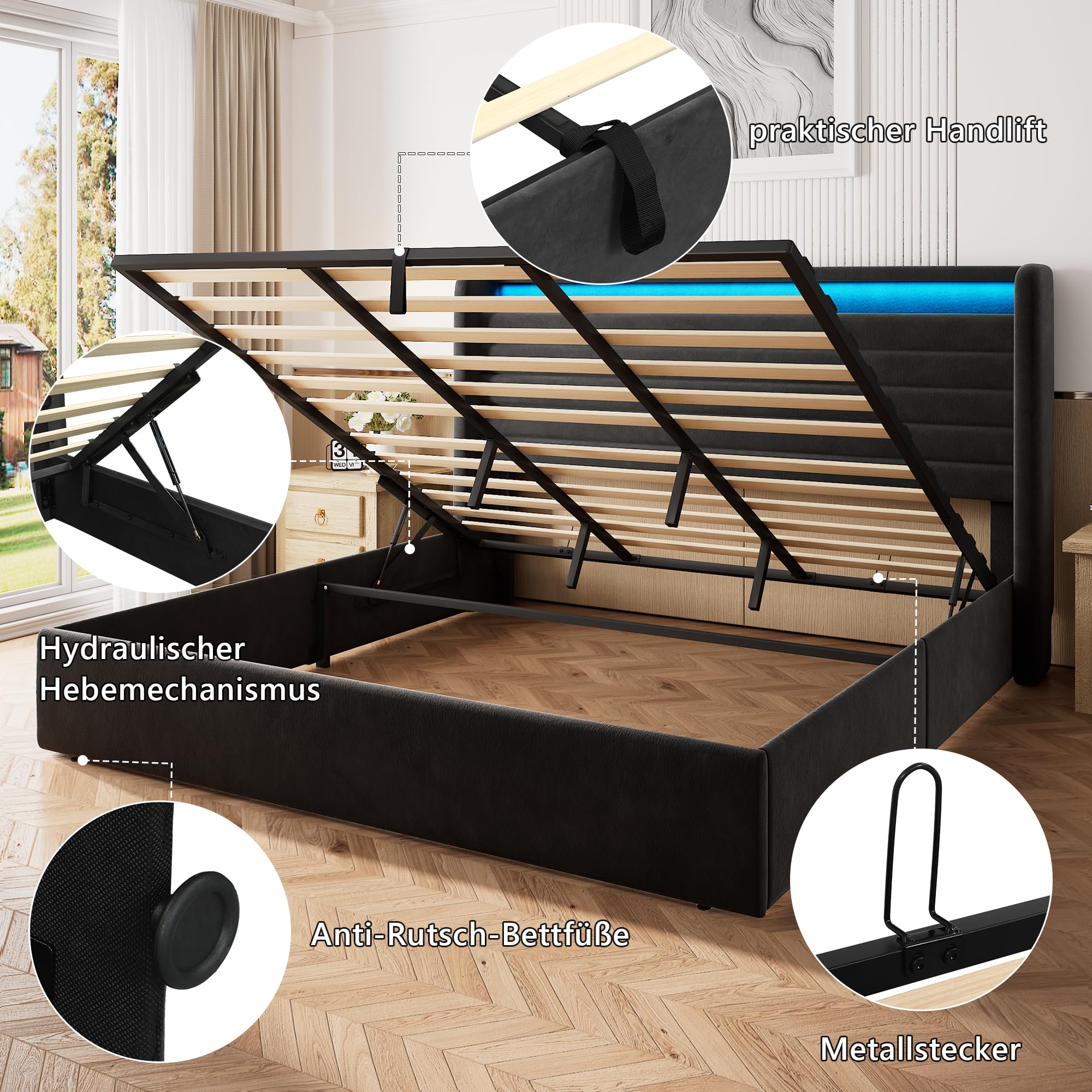 FEONASE Bett 180x200 mit Stauraum, Polsterbett 180x200 cm mit LED-Beleuchtung & Ladestation, Bettgestell mit Hydraulischem und Leinen Kopfteil Stauraum, Lattenrost, Ohne Matratze, Velous Dunkelgrau