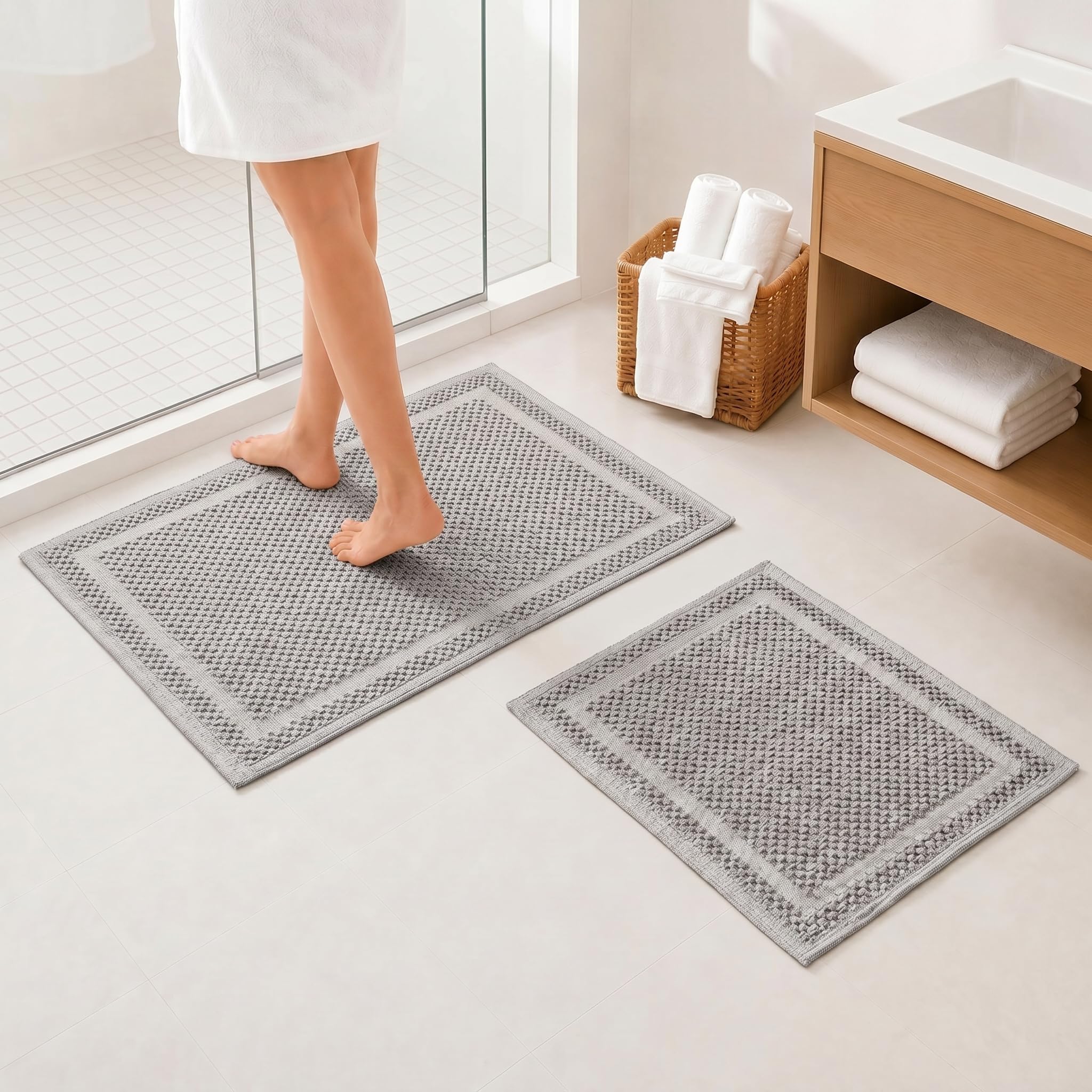 Ruglenza Bathroom Mat Set – 2 Piece Non Slip Cotton Bath Mats for Bathroom & Shower, Textured Loop Bath Rug Set, Quick Dry, Machine Washable, Easy Clean (Ecru/Grey-BK10, 50 x 120 CM)