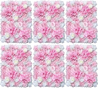 LOYALHEARTDY Artificial Flower Wall Panel Set-6PCS White and Pink Flower Wall Decor, 15.7 * 23.6IN Fake Flower Wall Backdrop, 3D Silk Rose, Hydrangea and Dahlia Floral Panel Flower Wall Mat Backdrop