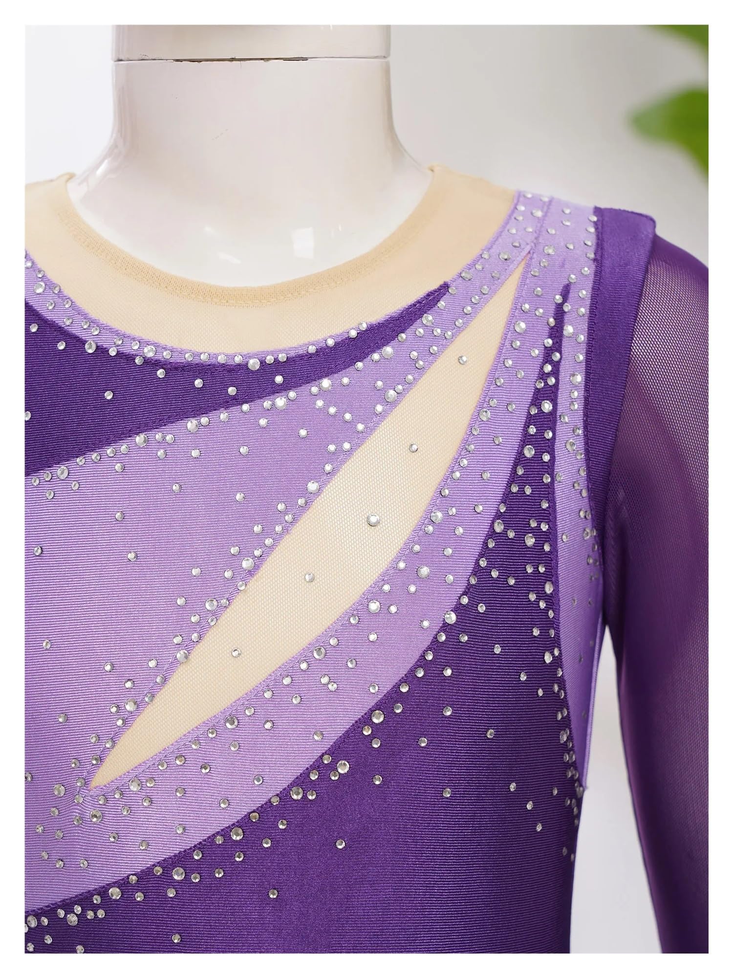 Vestidos de Patinaje artístico Brillantes con Diamantes imitación for niñas, Vestido Leotardo Baile Ballet Bloques Color, Ropa Manga Larga Malla Transparente