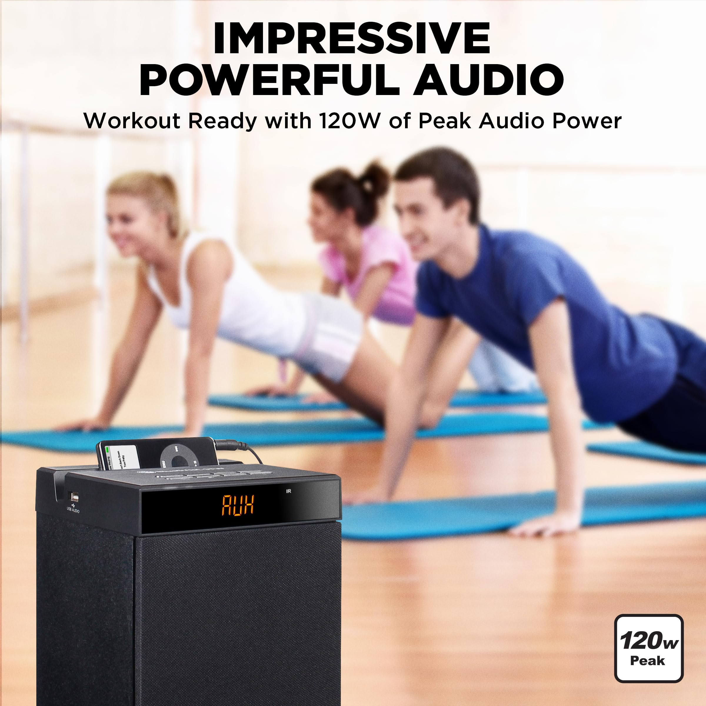 GOgroove Enceinte Tour Bluetooth avec Caisson de Basses Integre, Colonne 120W Puissance Max, Double Haut-Parleur, USB 2.0, AUX 3,5 mm, MP3, Radio FM (Noir)