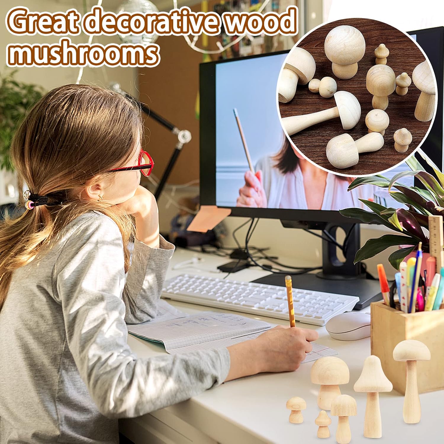 12Pcs Unfinished Wooden Mushroom Natural Mini Wooden Mushroom Various Sizes Plain Unpainted Wood Mushrooms for Arts and Crafts Projects DIY Bookshelf Desk Home Decoration