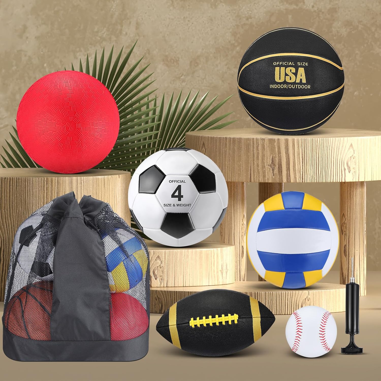 Realspring 6 Pcs Multi Sport Ball Set for Kid Teen Official Size Football, Basketball, Soccer, Volleyball, Playground Ball, Baseball with Sports Equipment Bag Pump Back to School Gift