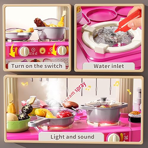 Miniatura 4 de Juego de cocina para niños, juego de cocina 2 en 1 con sonido y luz, fregadero de paly con 60 piezas de juguete de comida y accesorios de cocina,