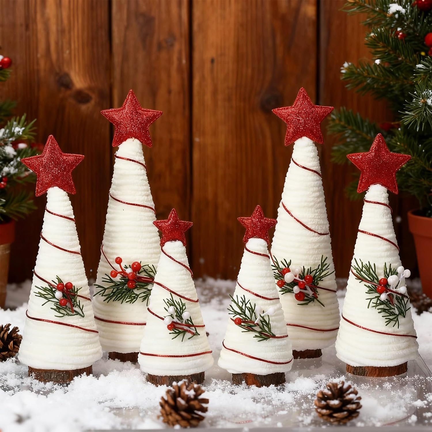 Hoolerry 6 Pcs Christmas Table Decorations Mini Yarn Tree Artificial Christmas Tree Topper Star Farmhouse Decor for Indoor Room Kitchen Xmas Home Tiered Tray Ornaments Gift(Lovely Color,Elegant Style)