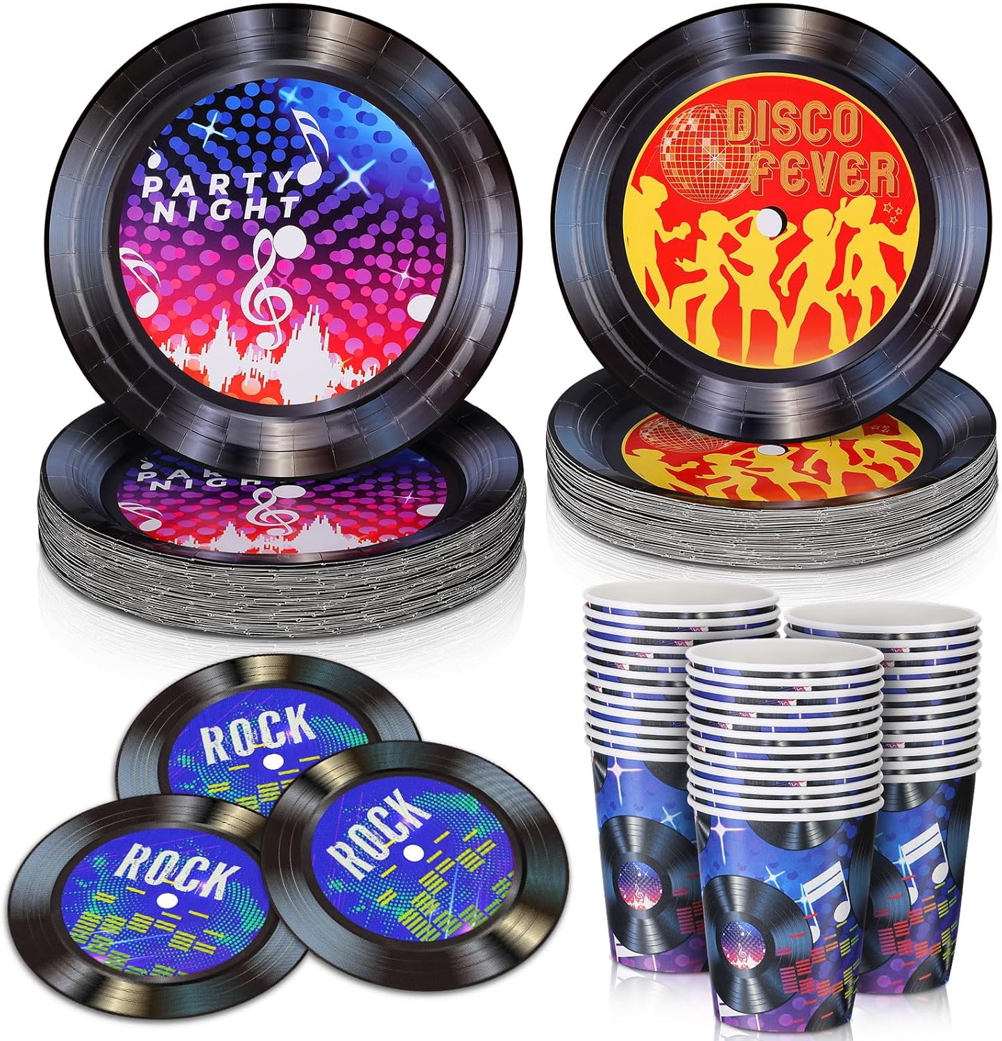 Hushee 200 Pcs 50’s Party Decorations Set Serves 50 Retro Party Disposable Tableware Set Paper Plates Napkins Paper Cup for Vinyl Records Party Back to 50’s Music Birthday Party Supplies