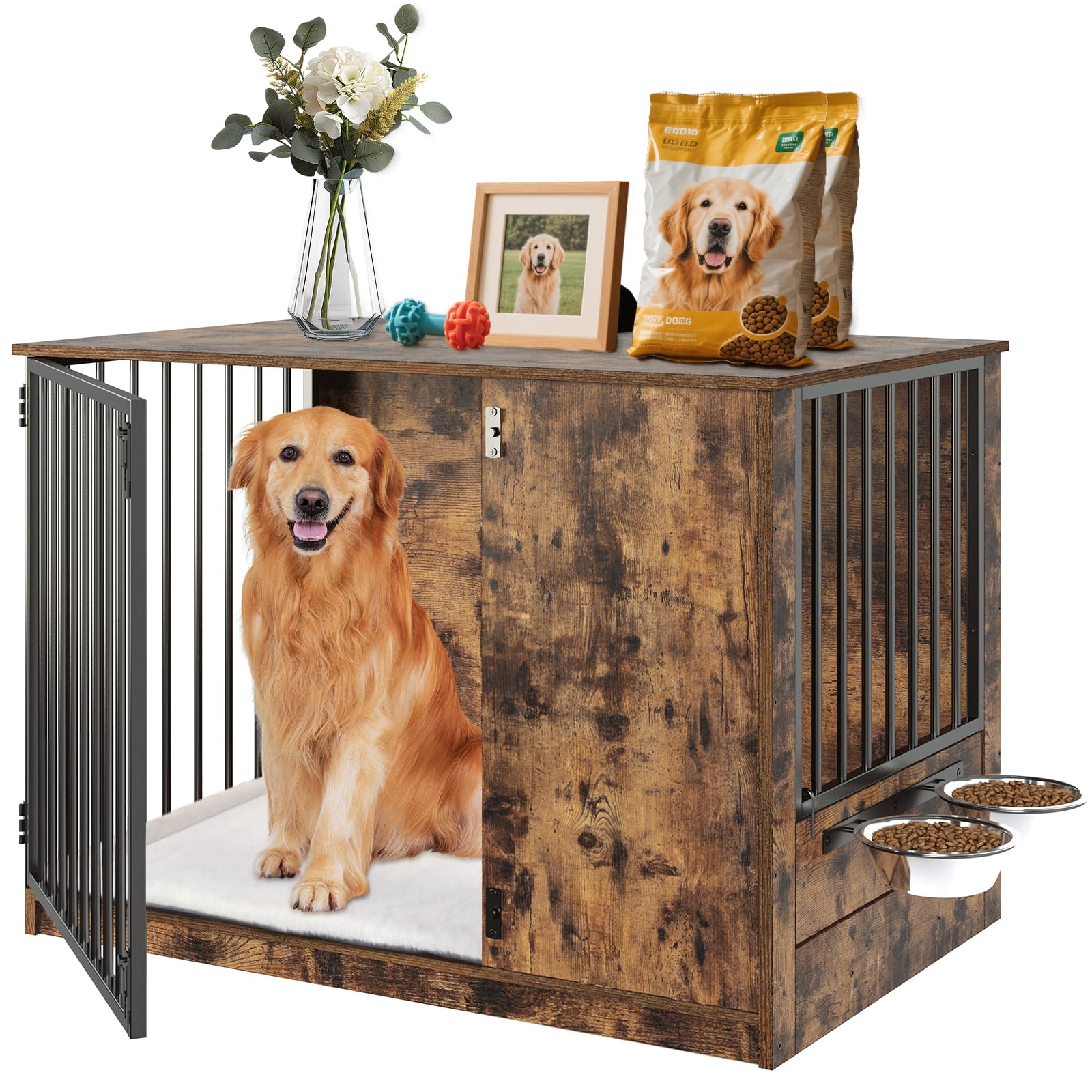Dog Crate Furniture with Cushion for Large Dogs, 36" Indoor Wooden Dog Kennel with 270° Swivel Door, 360° Rotating Feeder, Decorative Heavy Duty Dog House with Double Locks & Bowls, Rustic Brown