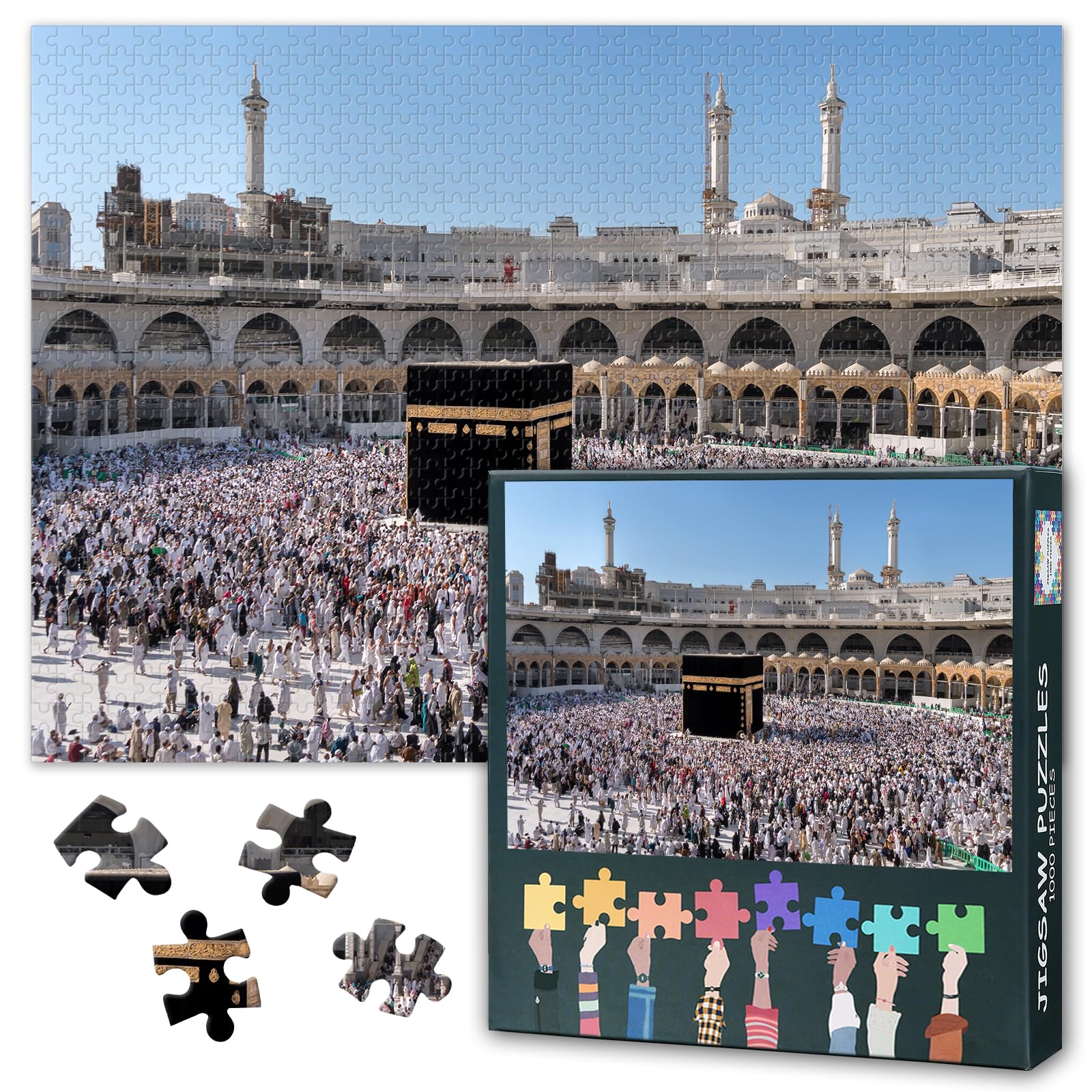 Jigsaw Puzzle 1000 Piece Set for Adults Mecca Saudi Arabia Grand Mosque Muslim Pilgrims Hajj Scene Islamic Spiritual Artwork Home Office Wall Decor Large 27.5x19.7 Inch
