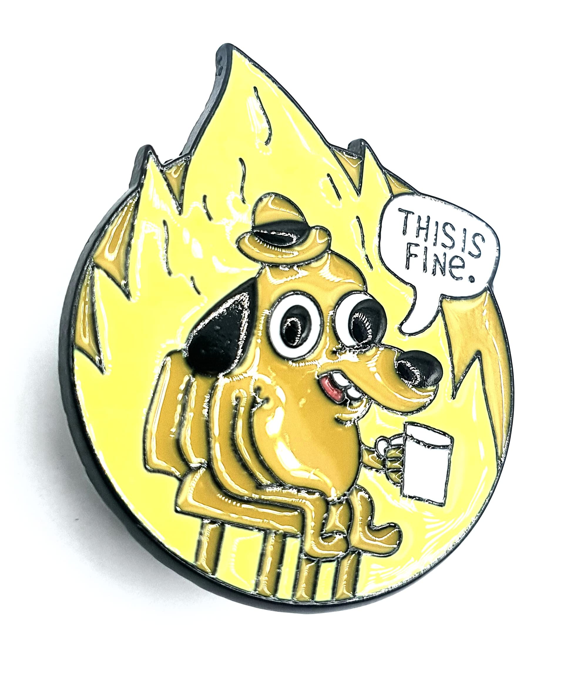 'This Is Fine Dog Engulfed in Flames Disaster Meme' metalowa emaliowana przypinka odznaka, Metal