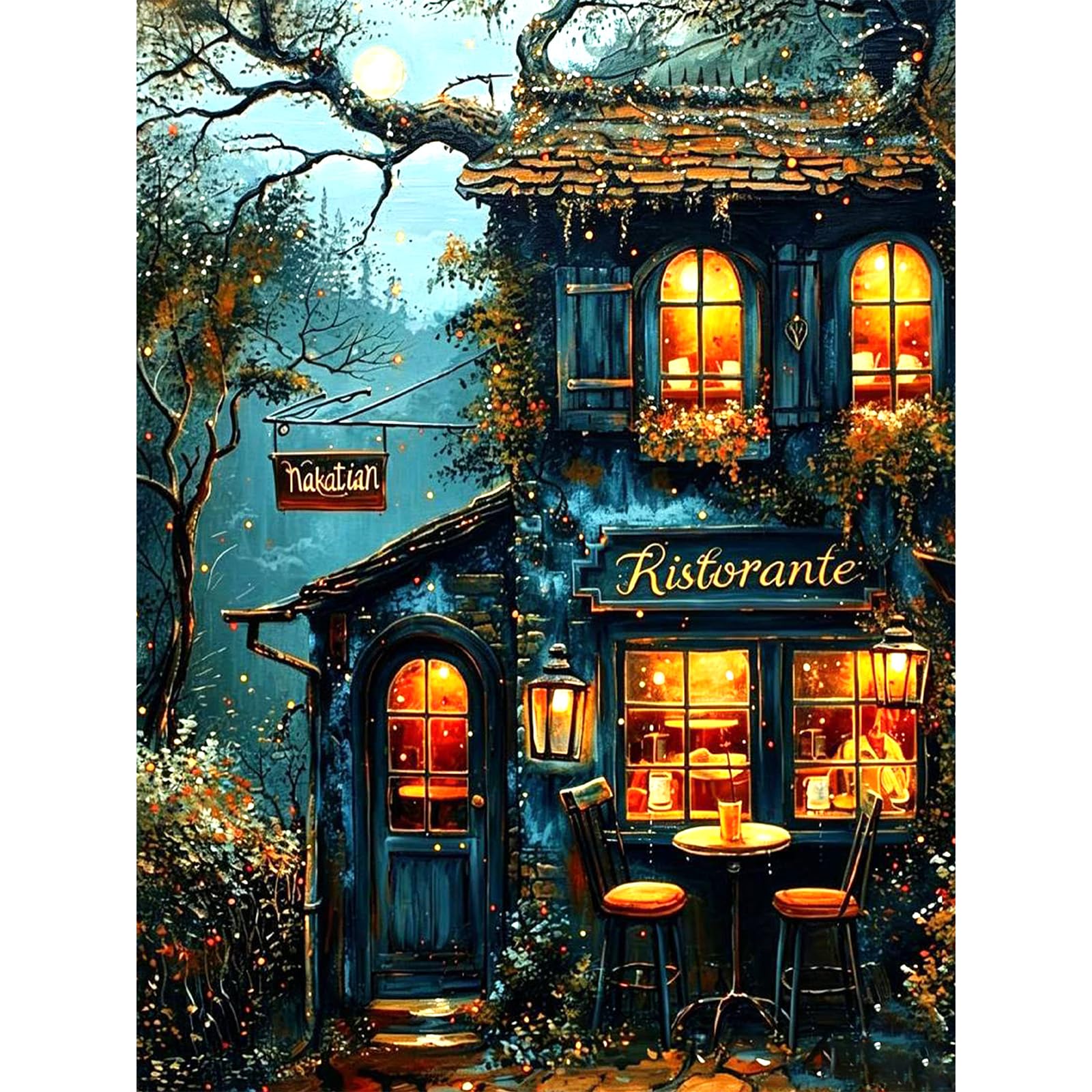 Bowetile Framed Landscape Paint by Numbers for Adults Canvas, Cafe Painting by Numbers Kit for Beginners Canvas, DIY Color Oil Painting Acrylic Paints for Home Wall Decor30x40cm