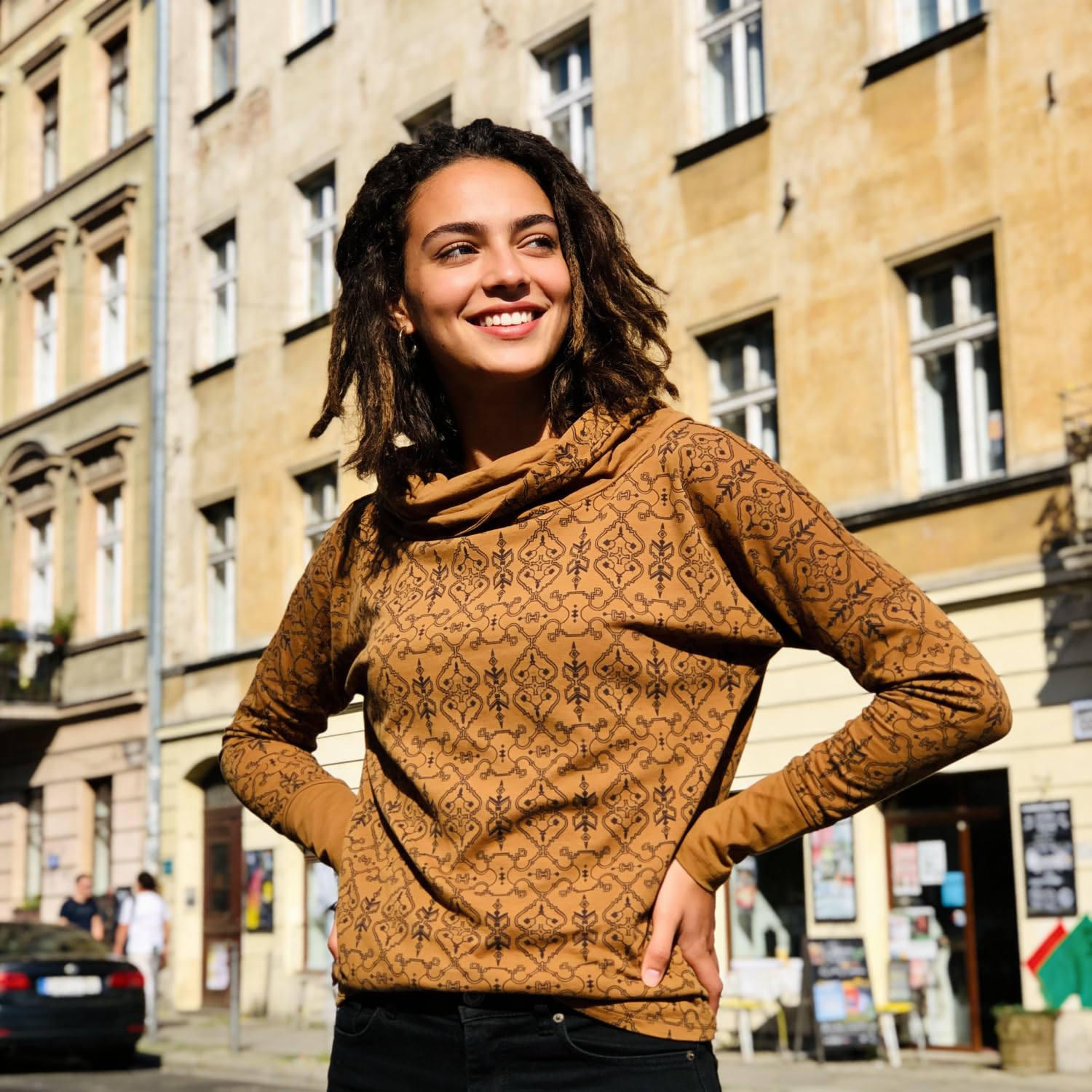 GURU SHOP Camiseta larga de algodón orgánico suelta, con capucha, para mujer, de manga larga y sudaderas alternativas