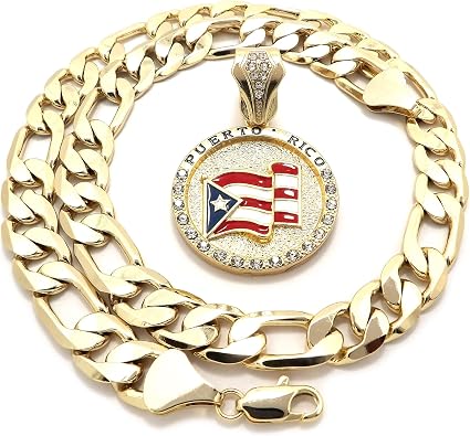 Mens Gold Tone Puerto Rico Flag Medallion Pendant 12mm 20" Figaro Chain Necklace