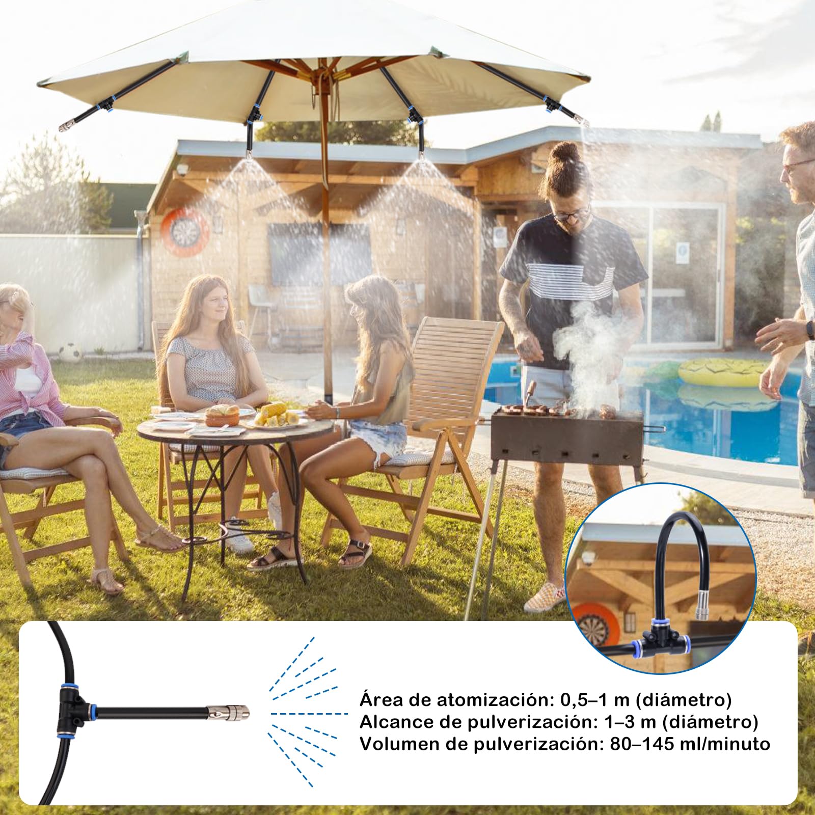 Kit Nebulizador Terraza, Nebulizador Jardin con 8mm Boquilla Ajustable +10M Línea +3/4" Adaptador, Sistema de Enfriamiento por Nebulización para Eventos al Aire Libre, Sombrillas y Techos