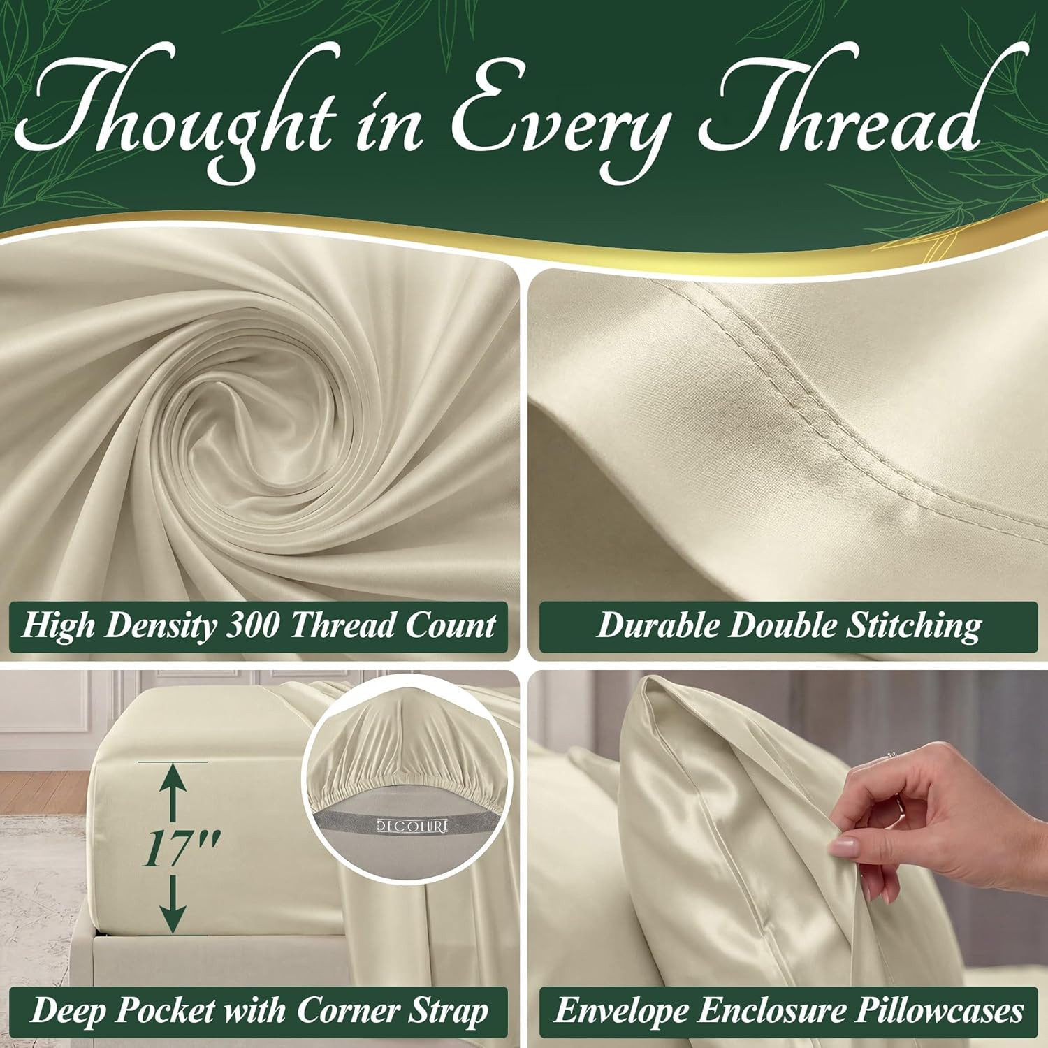 DECOLURE 100% Viscose Derived from Bamboo Sheets Queen Size - Luxury 6 Pc Naturally Cooling Sheets, Ultra Soft Bed Set - Deep 17" Pockets, Durable Double Stitching, Oeko Tex Standard (Creme)