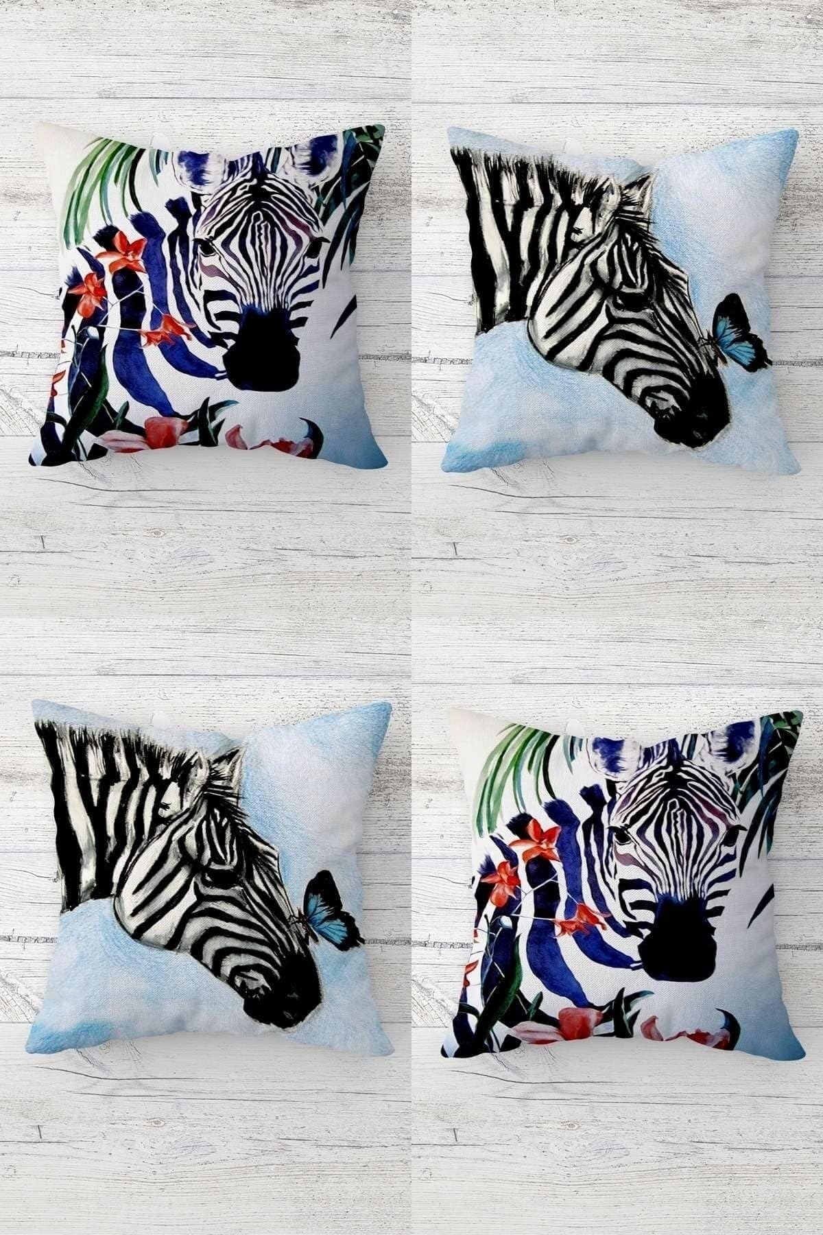 Pelangi Zebra Ve Kelebek Desenli Gizli Fermuarlı Kırlent Kılıfı Koltuk Yastık Kılıfı Takım(4adet), Siyah-Mavi 45 x 45