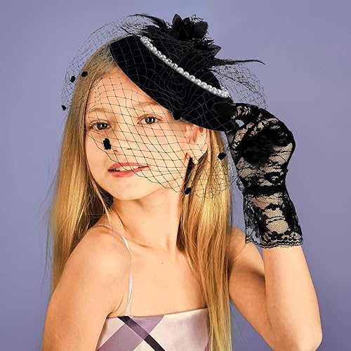 Miniatura 6 de 18 piezas de suministros de fiesta de té decoración de fiesta con sombreros de fiesta de té para niñas fiesta de té guantes de encaje plegables para