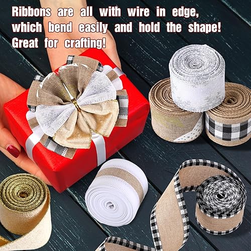 Miniatura 7 de 6 rollos de cintas navideñas con alambre de 32 yardas, cinta multicolor de búfalo a cuadros, cinta de arpillera con borde con alambre, cinta de