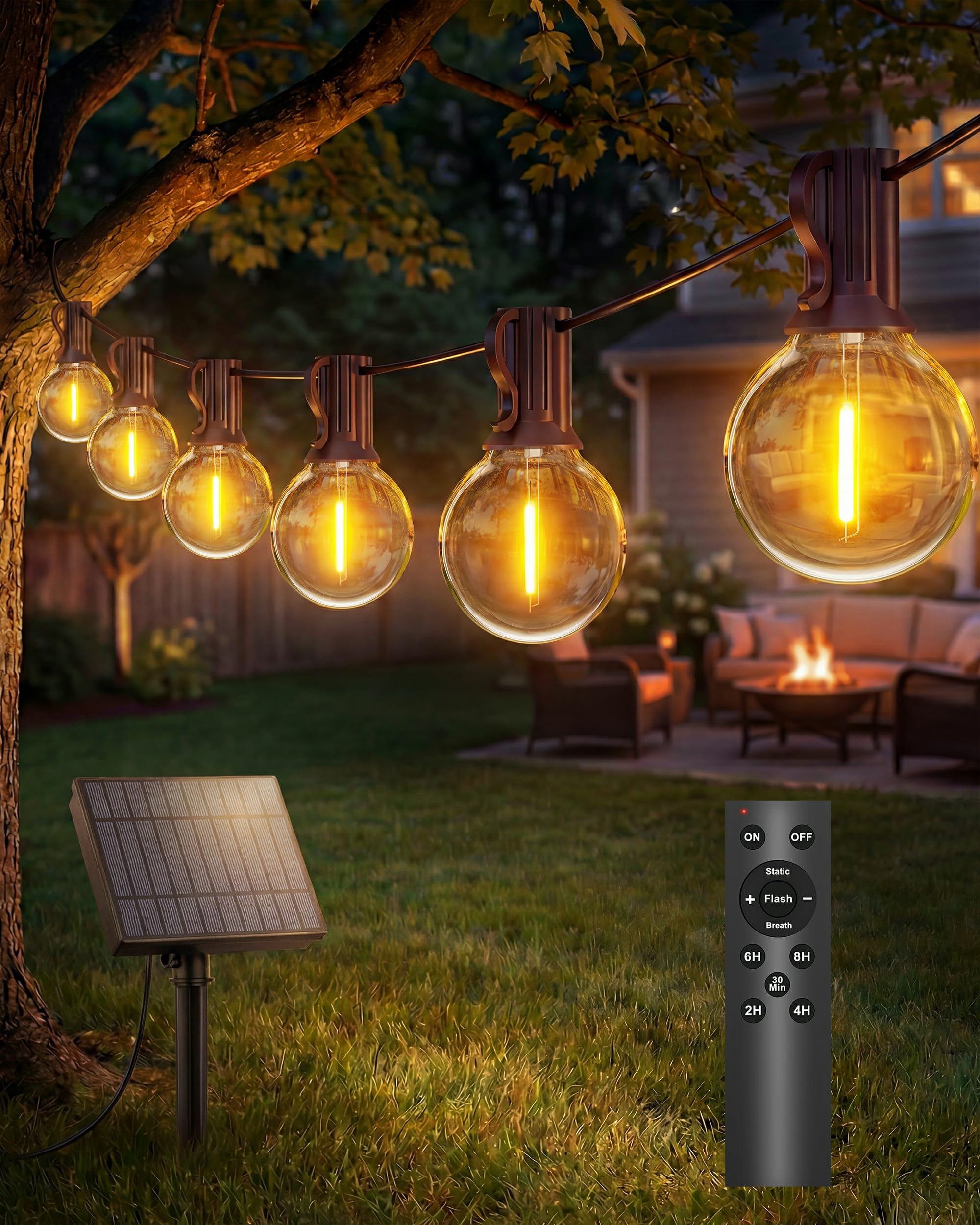 Catena luminosa a energia solare per esterni, 18 m, dimmerabile, per esterni, con telecomando, 25 + 1 lampadina 2700 K, G40, 3 modalità, 5 timer, impermeabile, per balcone, terrazza, feste