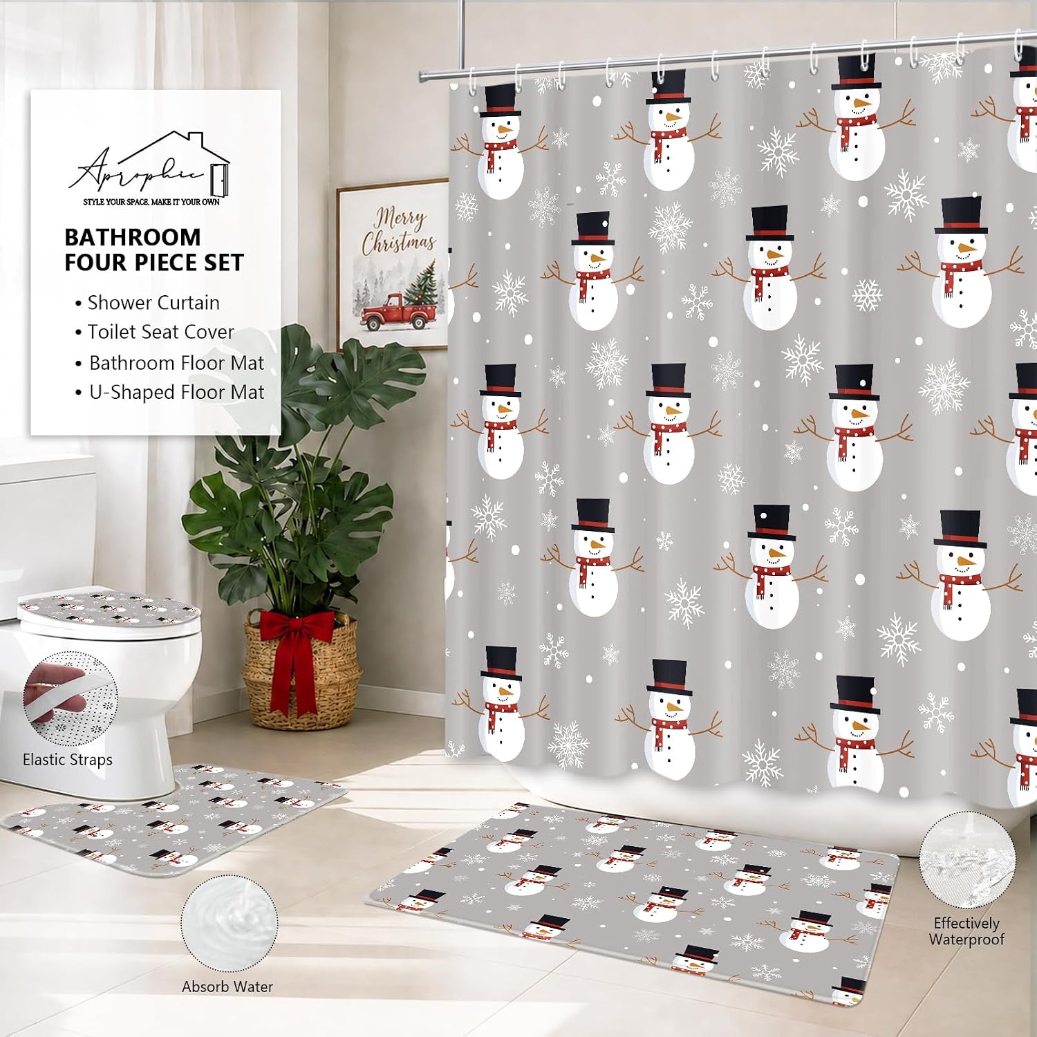 APROPHIC Christmas Snowman Shower Curtain Set 4-Piece Bathroom Set, Snowman Snowflake Shower Curtains with Absorbent Non Slip Rug and Toilet Cover, U Shaped Bath Mat, Xmas Winter Bathroom Decor image 3