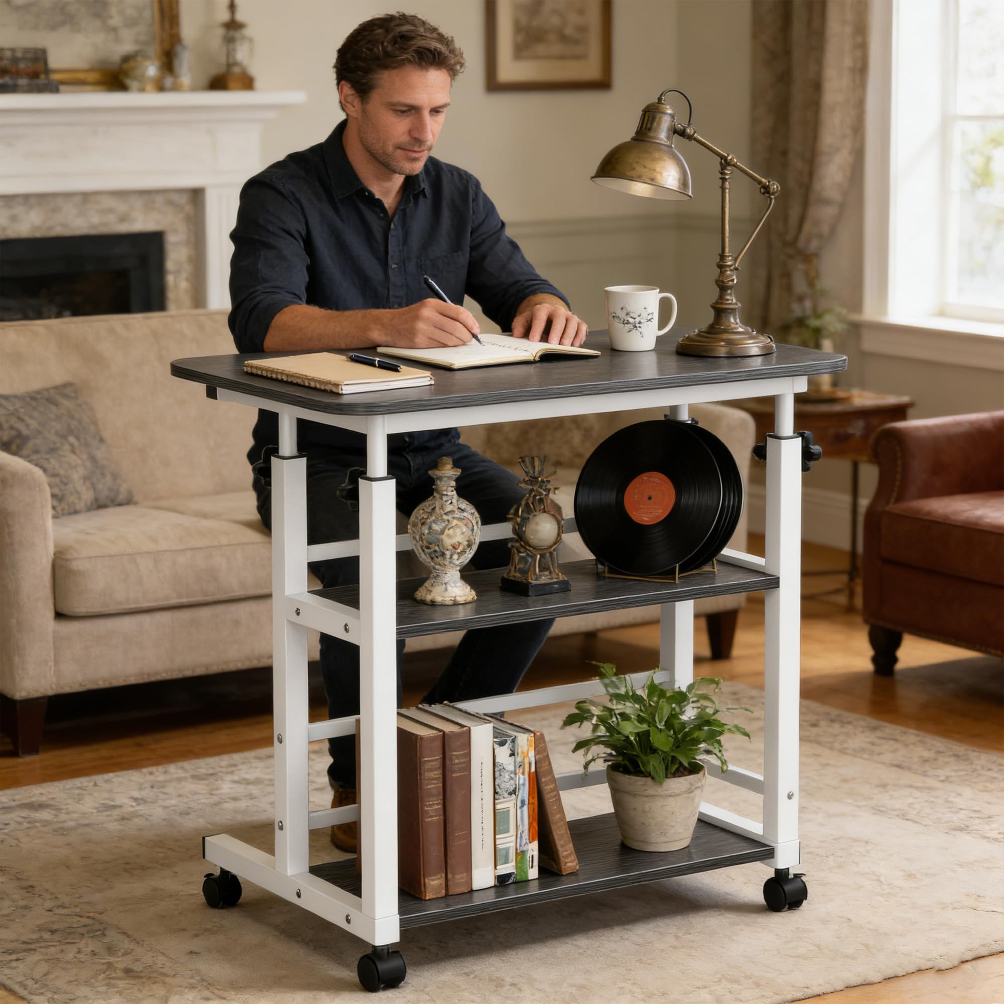Verdego Höhenverstellbarer Schreibtisch, Beistelltisch mit Rollen, 2 Ablagen, PC Tisch 40 x 60 x 56-82cm, Platzsparender, Kleiner Mobiler Computertisch für Home Office, Sofa, Bett (Schwarz)
