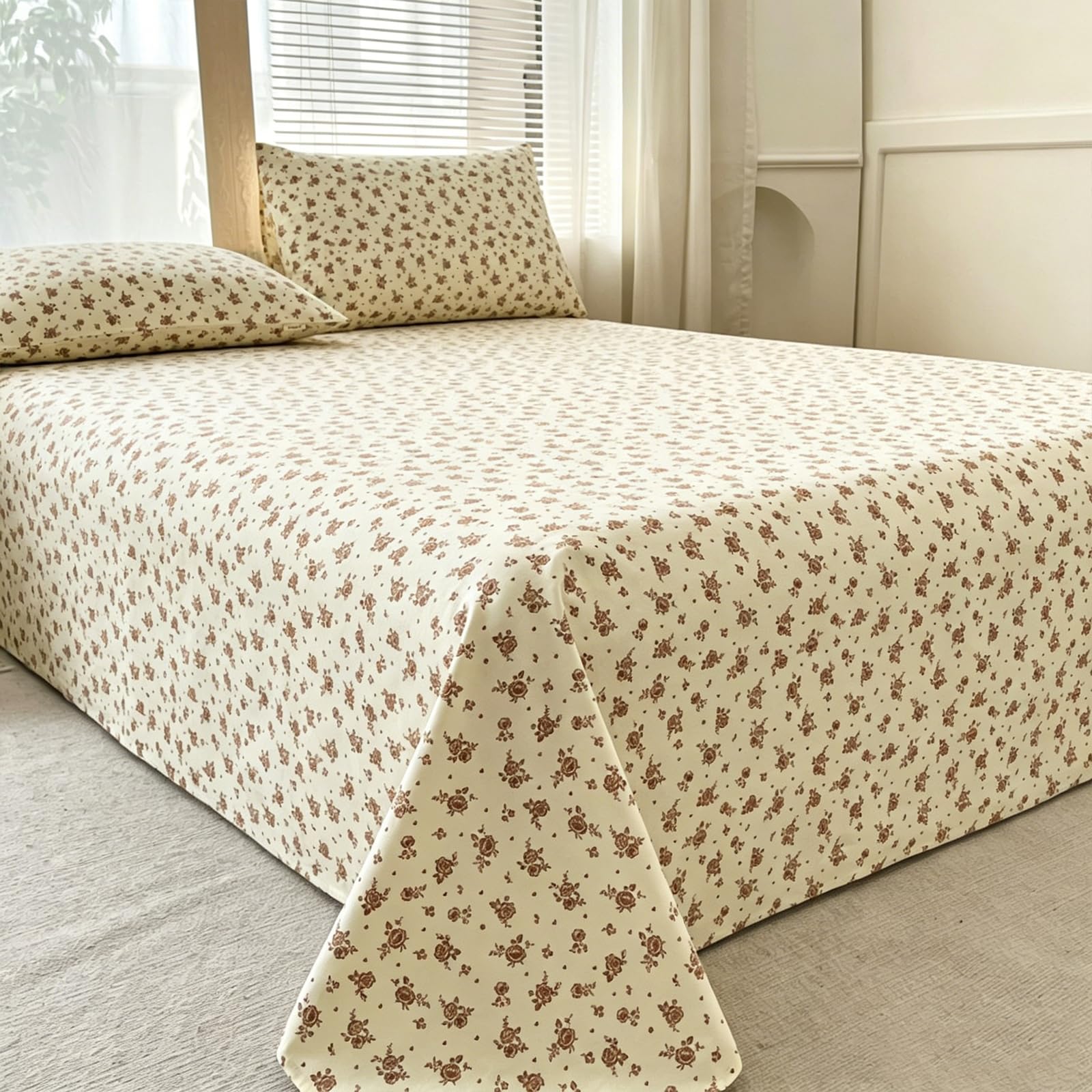 Bettlaken ohne Gummizug 245x270cm braune Blumen | Baumwolle,Geblümt,Extra großes Bettlaken,Ganzjahres,mit 2 x Baumwolle Kissenbezug von 50x75cm,Pflegeleichtes