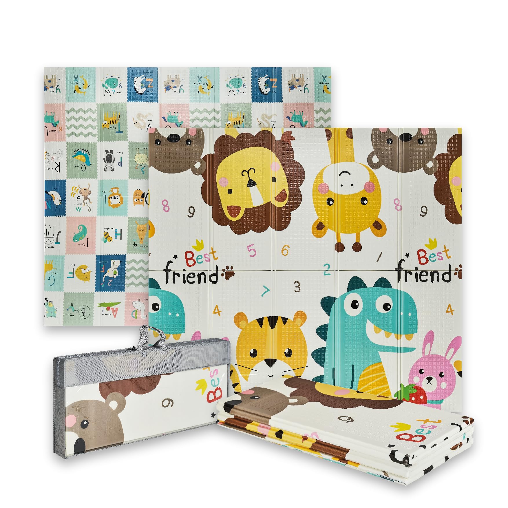 Buddy Baby - Alfombra de Juegos para Bebé XXL180x200 cm - Doble Cara, Tapete Muy acolchado, Plegable y con Bolsa de transporte (Zoo/Coches)