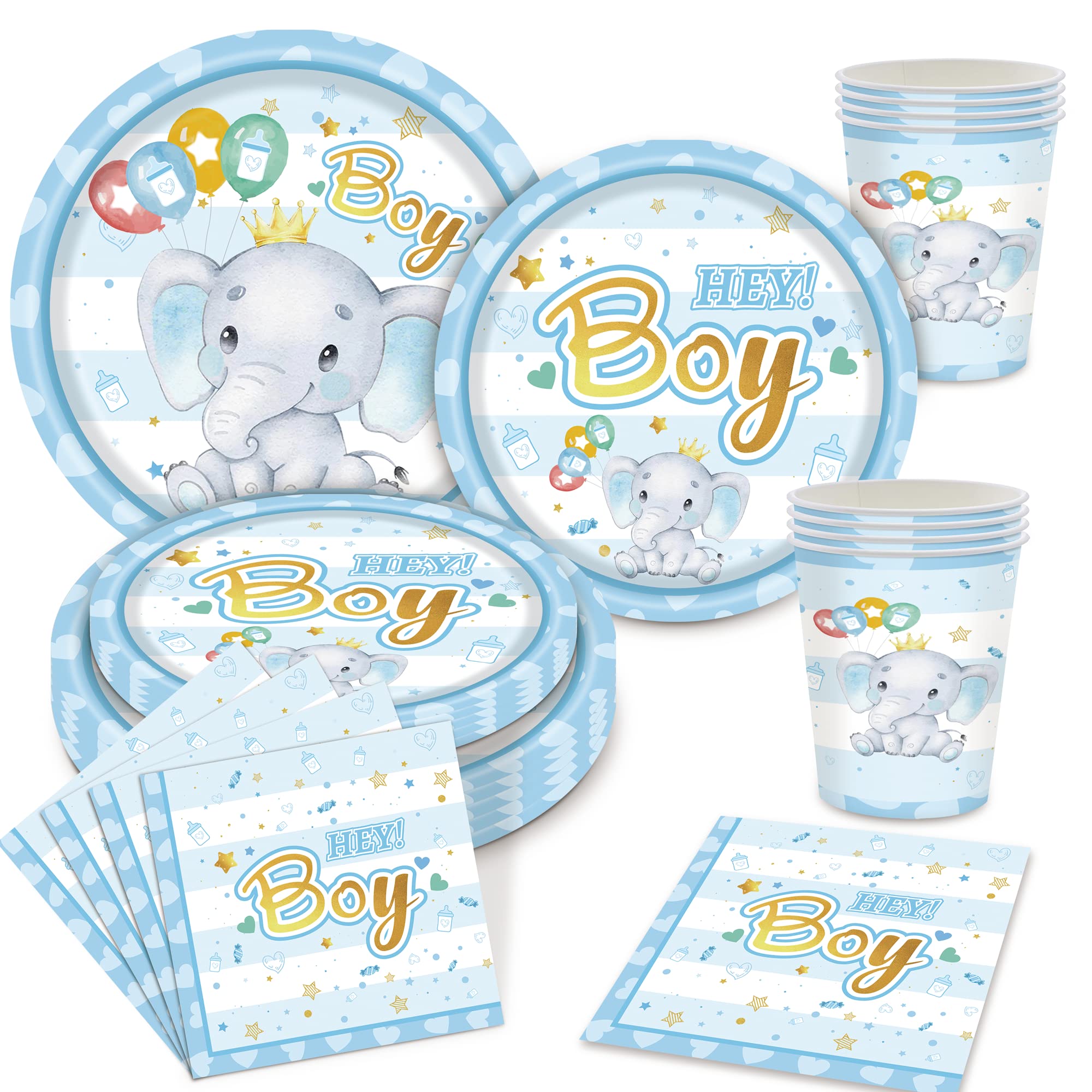 Elephant Baby Boy Shower Decorations Plates Set | Service for 20 | Blue Elephant Baby Shower Supplies with Dinner Plates, Dessert Plates, Cups, Napkins for Baby Shower Baby Boy