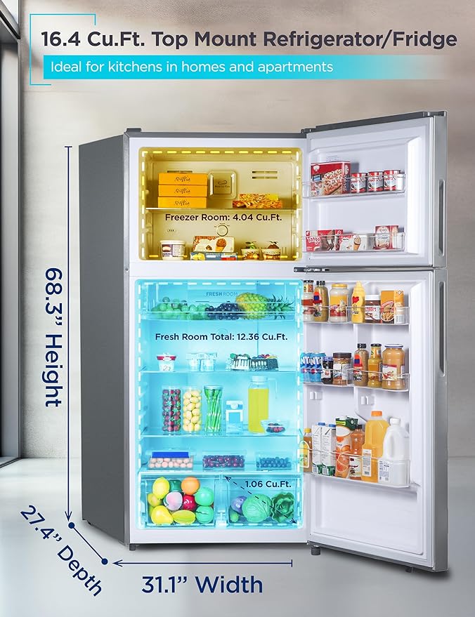 BLACK+DECKER 16.4 Cu. Ft. Top Mount Refrigerator with Freezer, 2 Door Refrigerator with Top Freezer and Separate Temperature Controls, Auto Defrost, Full Size, BR1640KS, Stainless Steel Look on Fridge.com