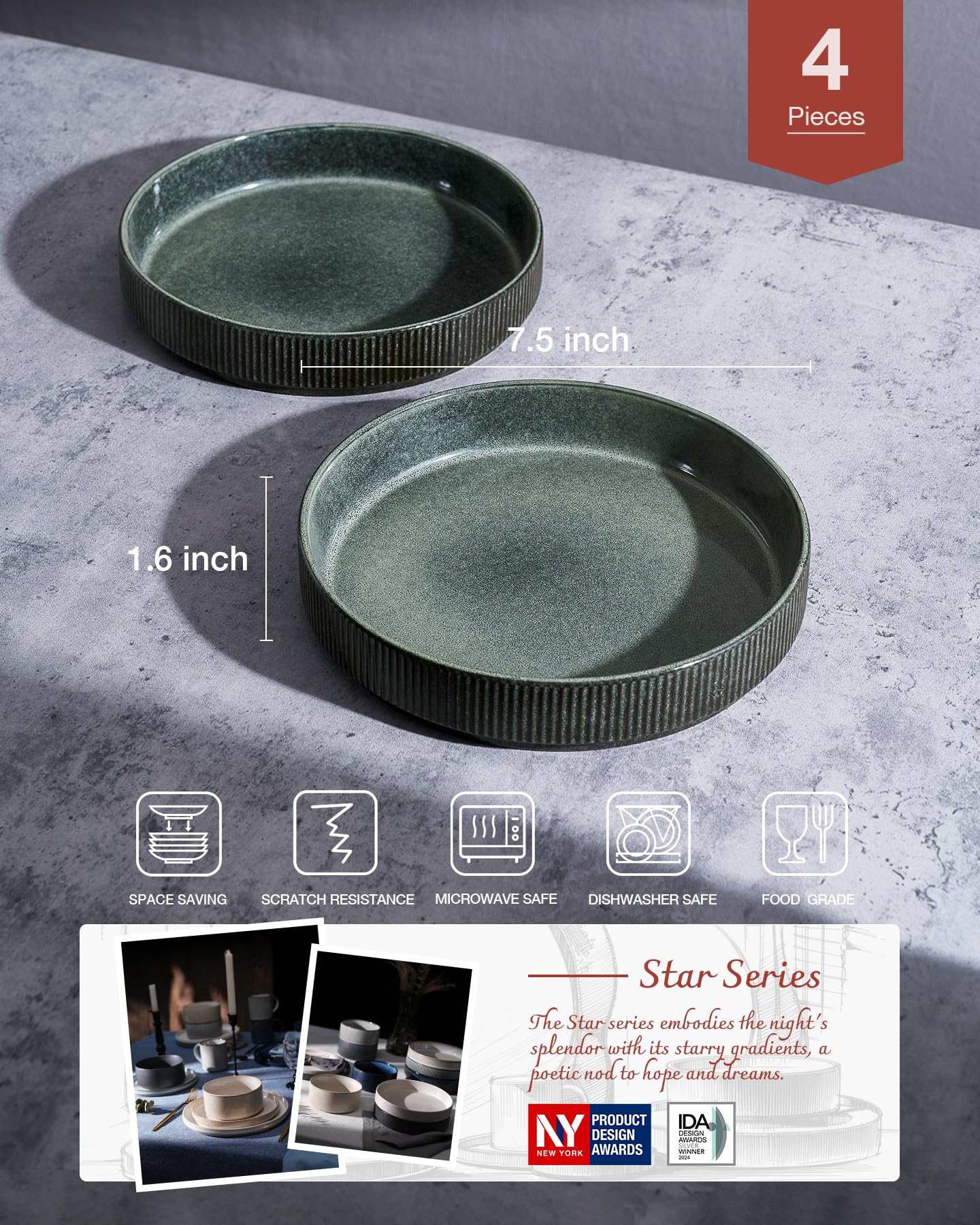 famiware Star Pastaschüsseln, 19,1 cm, 4 Stück, Teller Schüsseln, Deep Forest | Doppelte reaktive Glasur, mikrowellen- und spülmaschinenfest, bleifrei und cadmiumfrei, Steingut, kratzfest, Küchenschüsseln